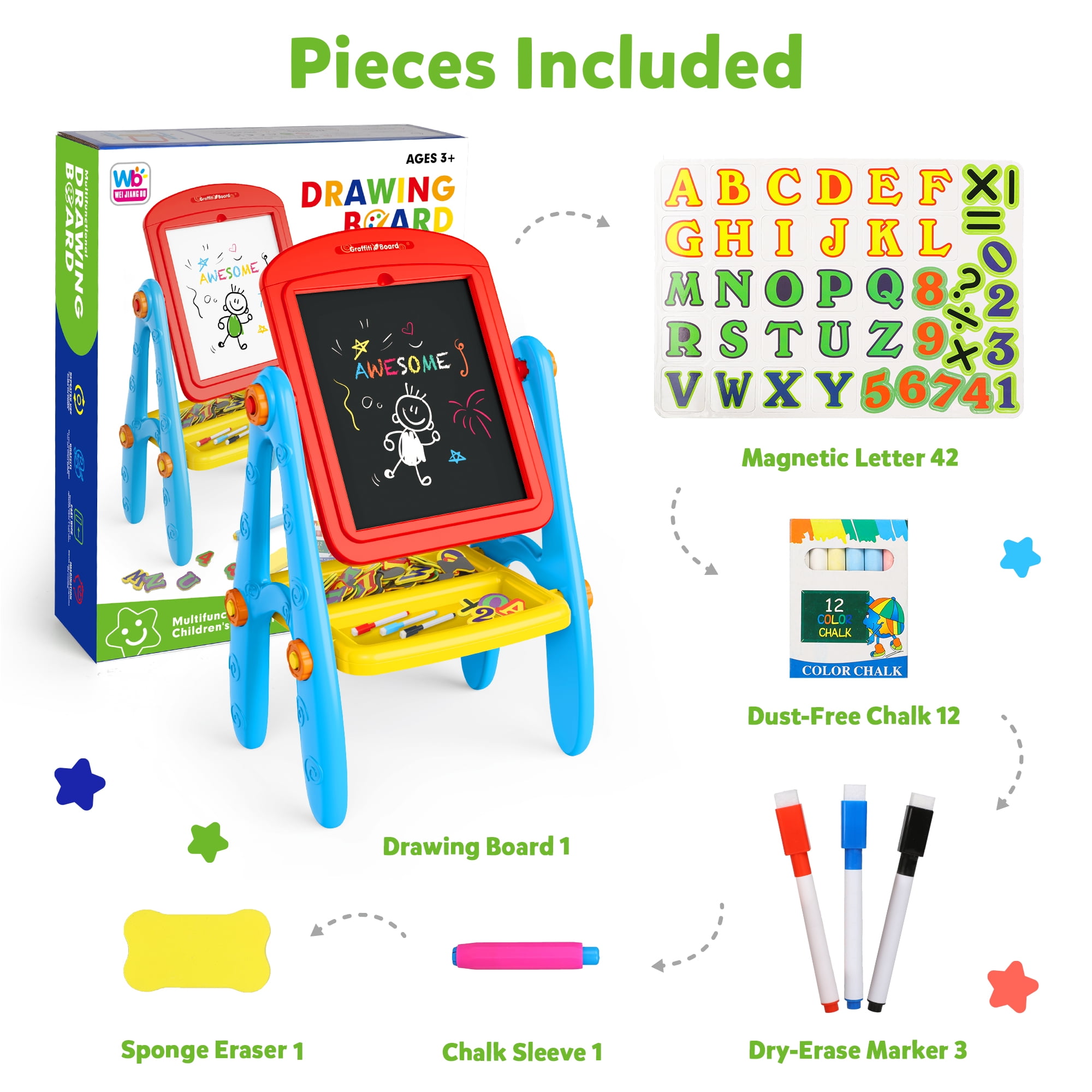 Freecat Kids Art Easel, Double Sided Magnetic Whiteboard and Chalkboard Drawing Station (White) 67pv2