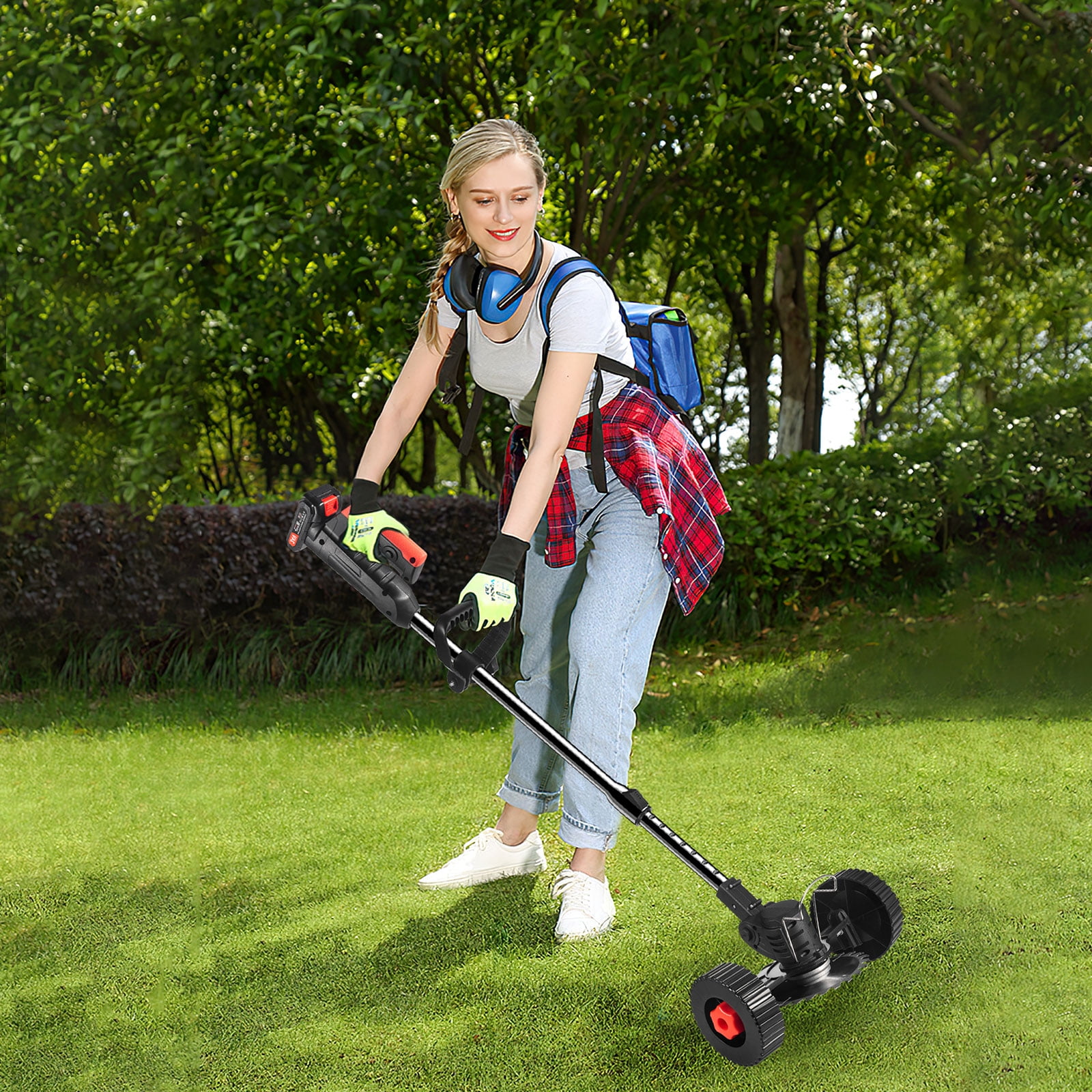 JahyShow Electric Cordless Weed Wacker with Wheels, 3-in-1 String Trimmer Edger and Lawn Mower Tool (Black, 31 in to 45 in) 49htm