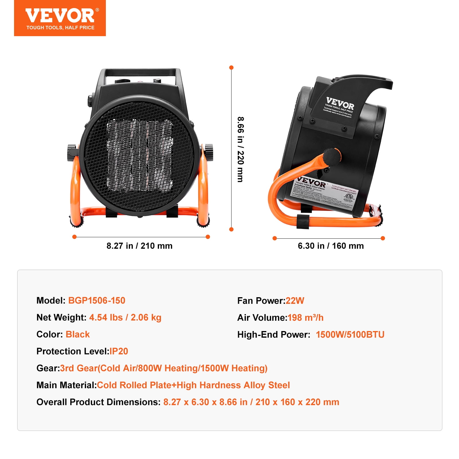 VEVOR Greenhouse Heater with Thermostat, 1500W PTC Electric Fan for Grow Tents and Plant Rooms (Green, 1500W) w8l25