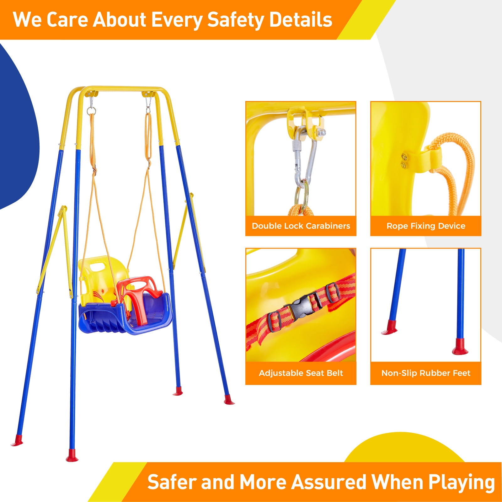 FUNLIO 3-in-1 Toddler Swing Set with Foldable Metal Stand, Indoor/Outdoor Kids Playground Equipment with 4 Sandbags (49 in Rope) u4vi6