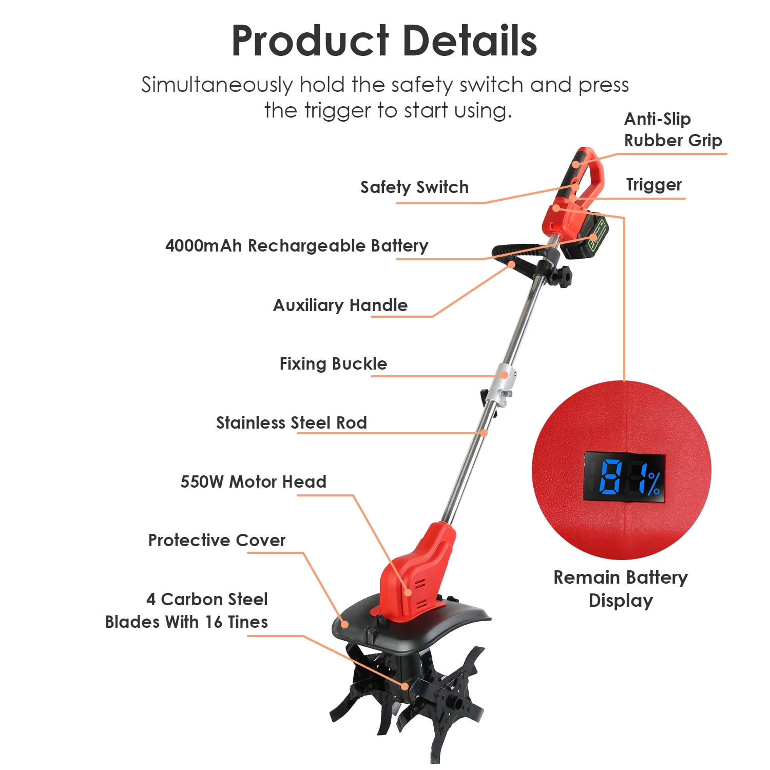 Moclever Electric Garden Tiller, Cordless Cultivator with 16 Steel Tines, 9-in Tilling Width & Depth (Black & Red, 11.02 lb) 9lg2x