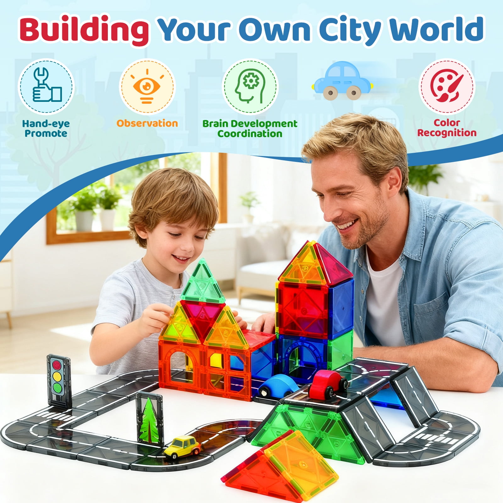 FunMagic Magnetic Tiles Road Set, STEM Building Blocks with 2 Cars, Creative City Construction Toy (Black, 60 Pieces) l1m5x