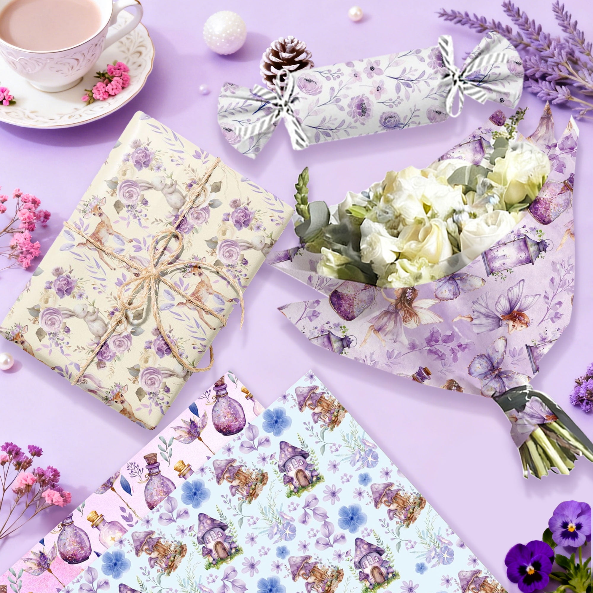 LaVenty Fairy Tale Gift Wrapping Paper - Whimsical Forest Design for Birthdays and Parties (Purple, 12 Sheets, 27 in x 20 in) wbfcn