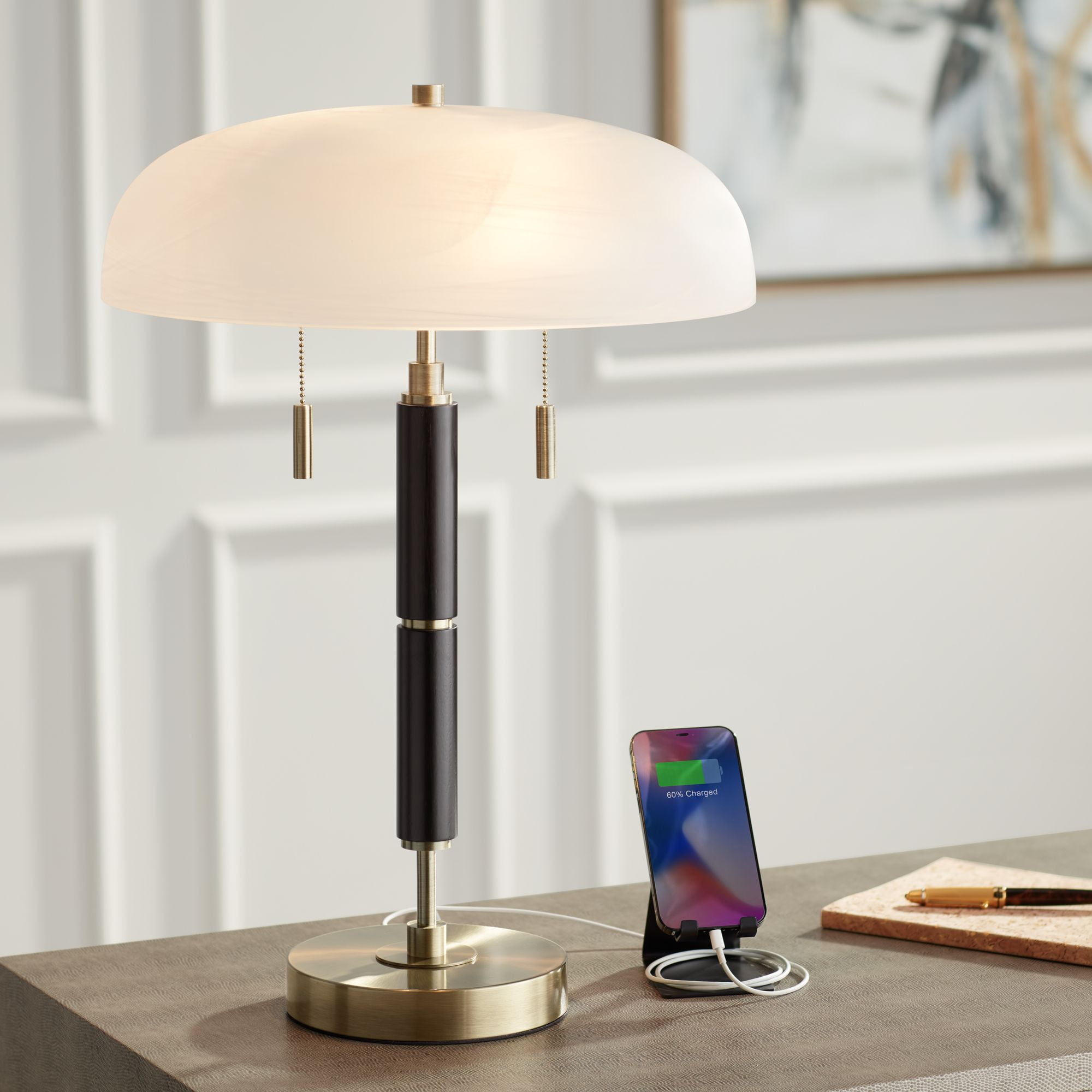Possini Euro Design Wyndham Mid Century Modern Desk Lamp with Dual USB Ports (Black, 23 in) 8wyk4