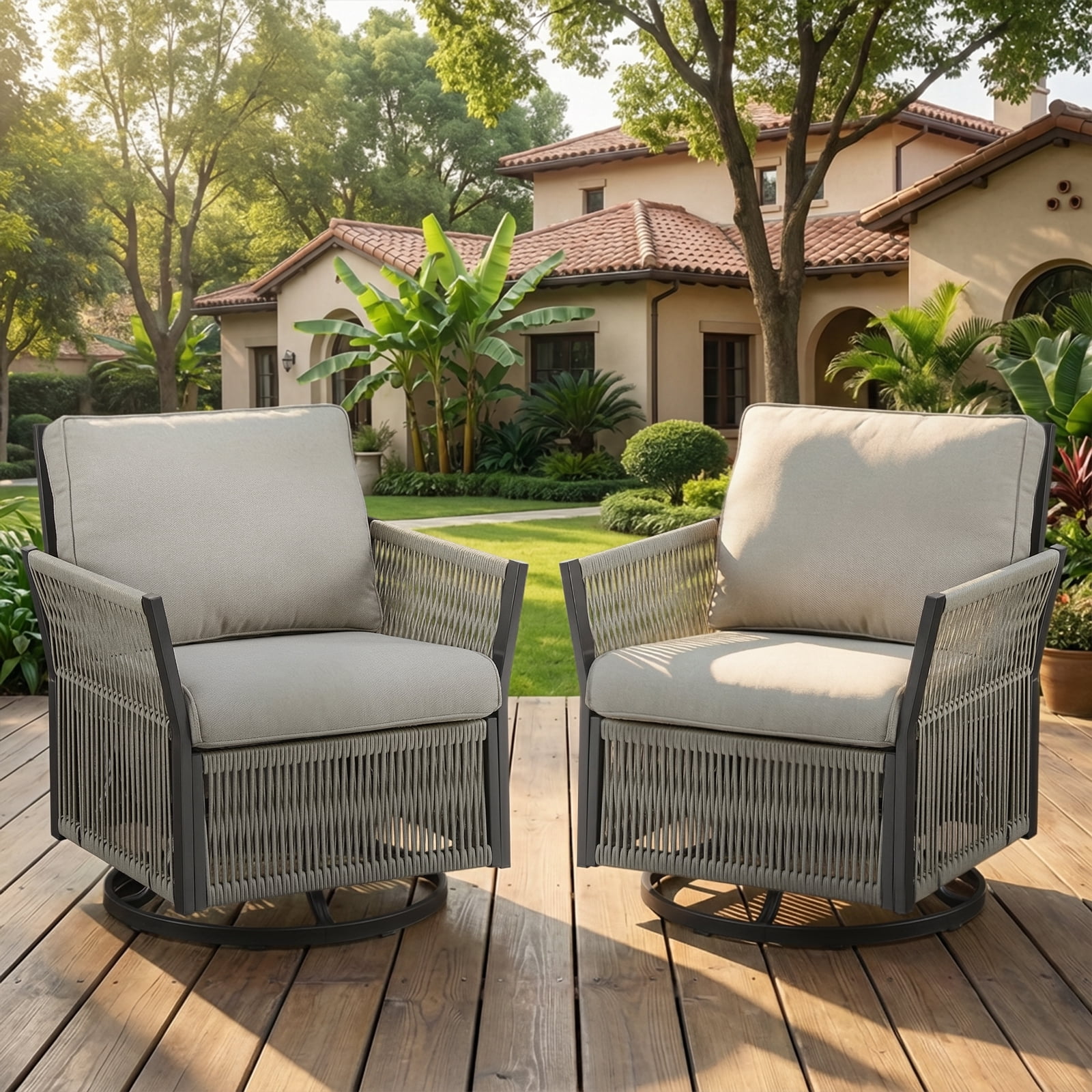 Opohoro Outdoor Swivel Rocking Chair Set, Wicker Patio Furniture with Cushions (Beige, 2-Piece Set) zq6ad