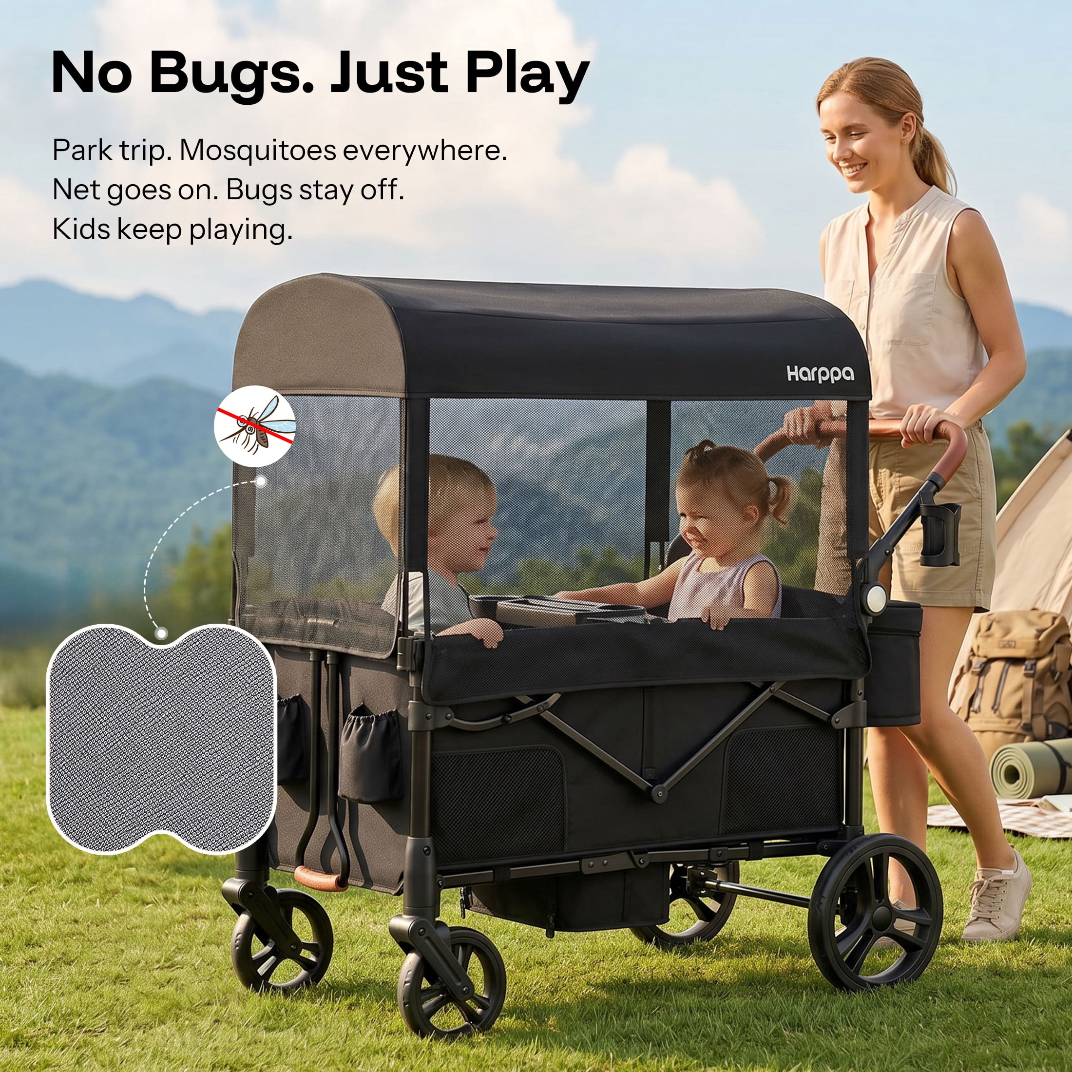 HARPPA Foldable Wagon Stroller for 4 Kids with 5-Point Harness and Canopy (Black) k8gyb - Image 5