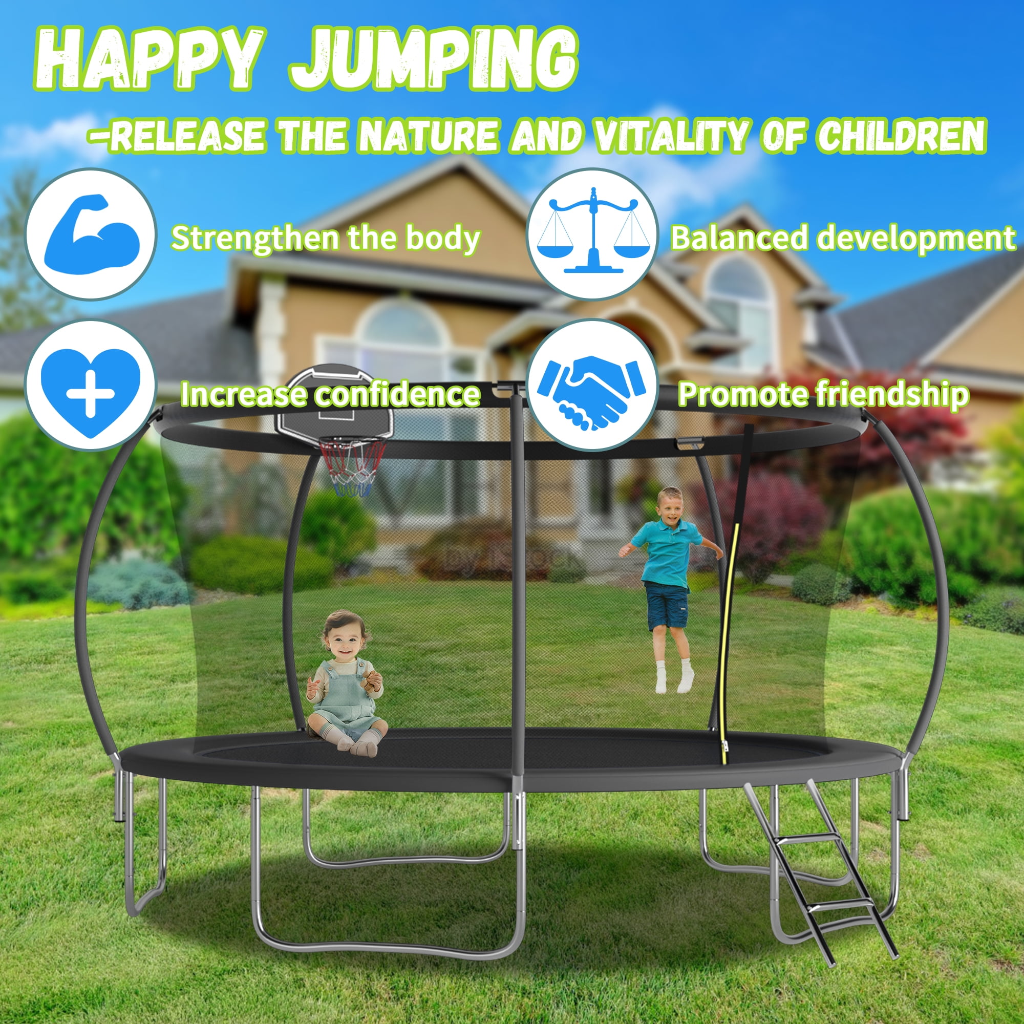 Shengchao Trade 14ft Trampoline with Safety Enclosure Net and Basketball Hoop (Black, 14 ft) akja5