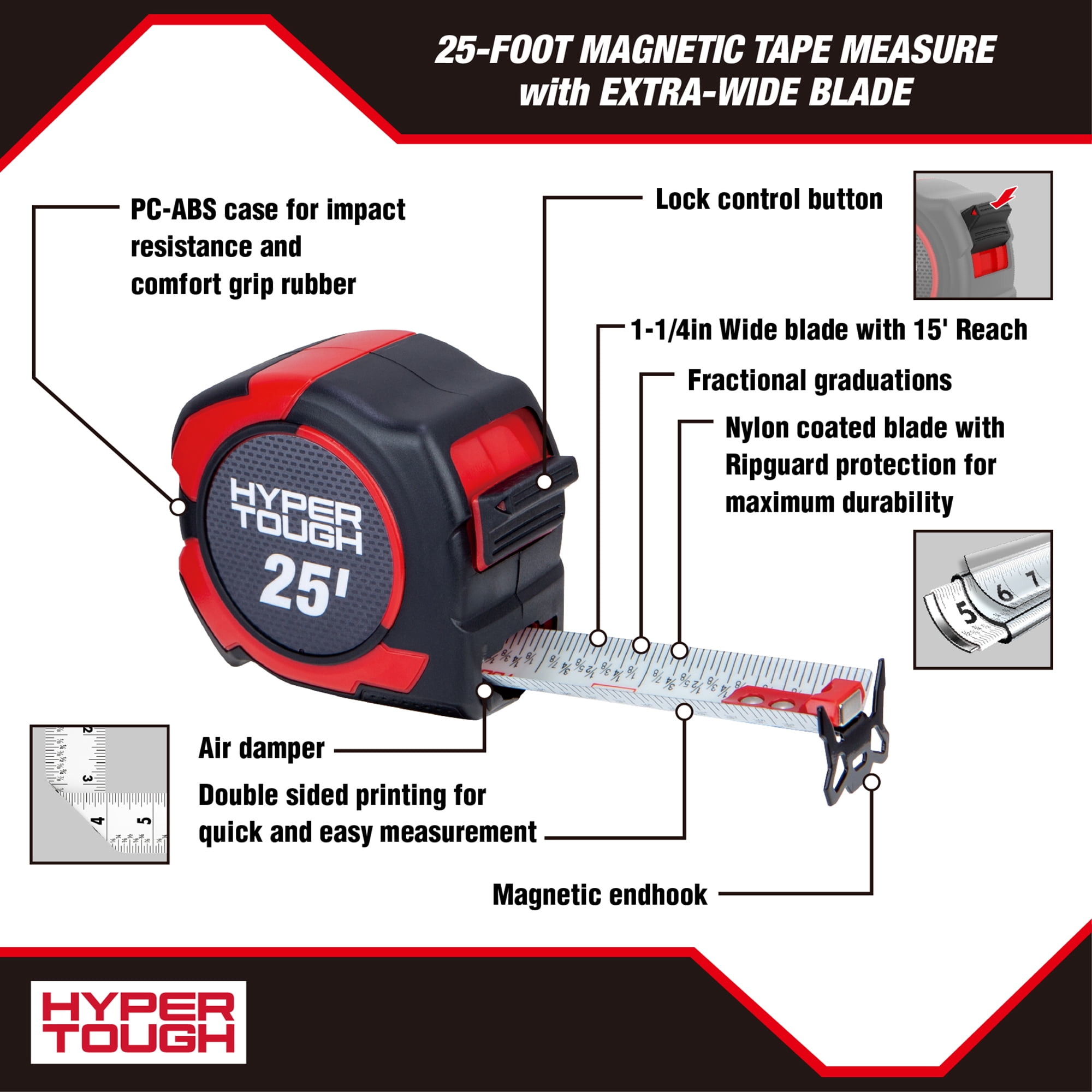 Hyper Tough Magnetic Tape Measure with Nylon-Coated Blade (Red, 25 ft) 9ew0n - Image 12