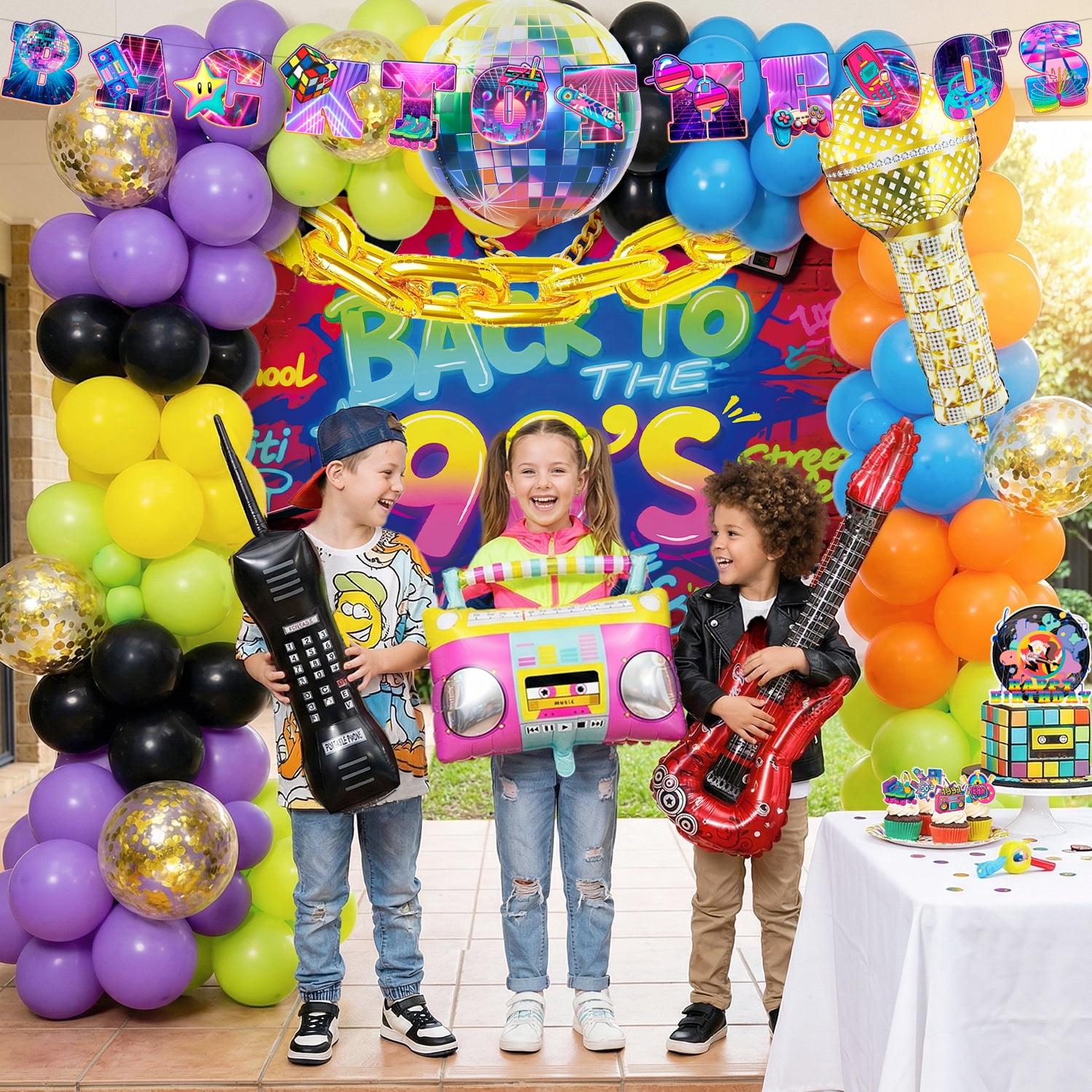 ElifJoyDeco 90s Party Decorations Birthday Supplies Set with Backdrop Balloons and Tableware (128 Pieces) swqdf