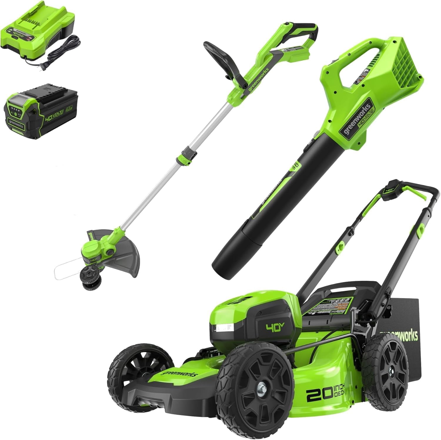 Greenworks 40V Cordless Lawn Mower, String Trimmer and Leaf Blower Combo Kit (Green, 20 in Mower Deck) gkjvf