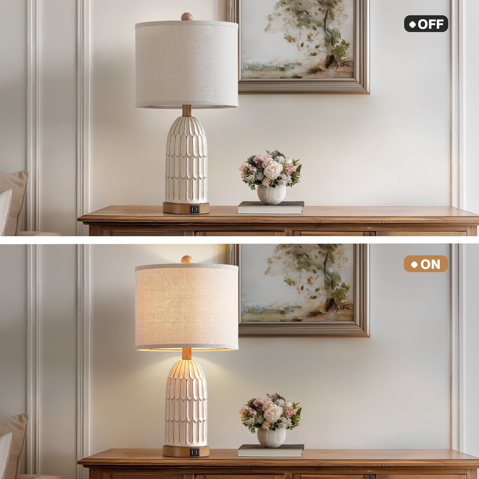 Lolikit Rustic 3-Way Dimmable Touch Table Lamps with USB Ports (Beige, 22 in, Set of 2) wt5mo