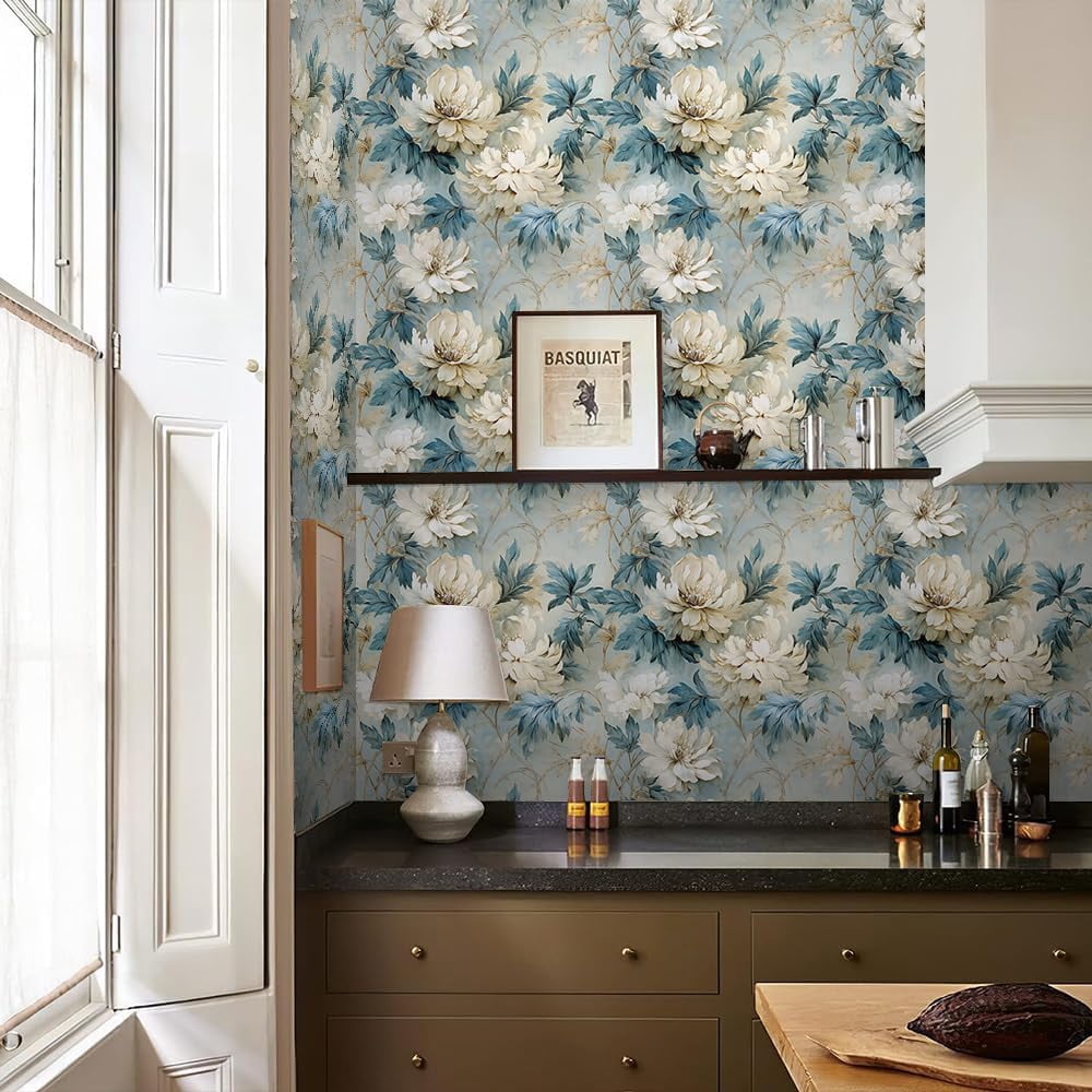 Usachibb Floral Peel and Stick Wallpaper Vintage Navy Botanical Contact Paper for Furniture and Walls (White, 17.7 in x 118.1 in) 80m28