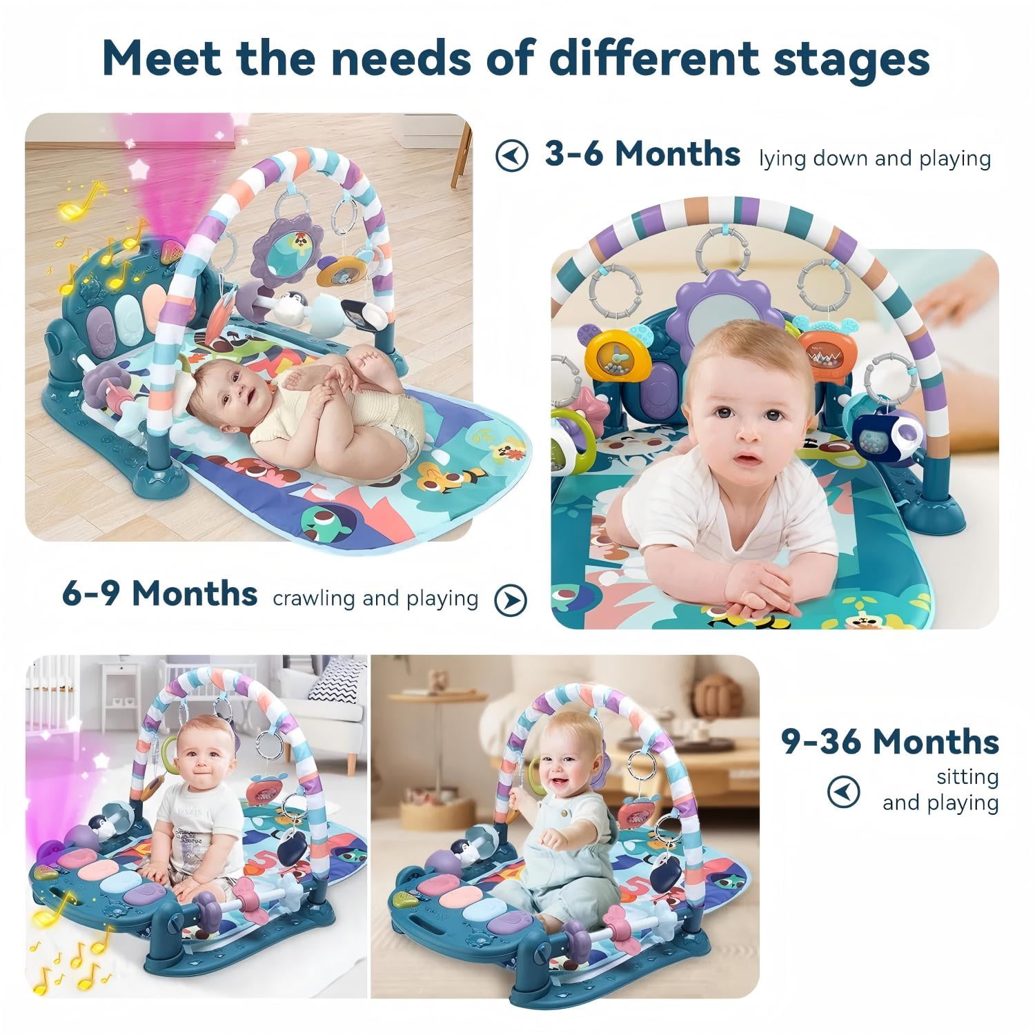 Babyeap 3-in-1 Baby Gym Play Mat with Musical Piano and Activity Center (Blue) xf61q