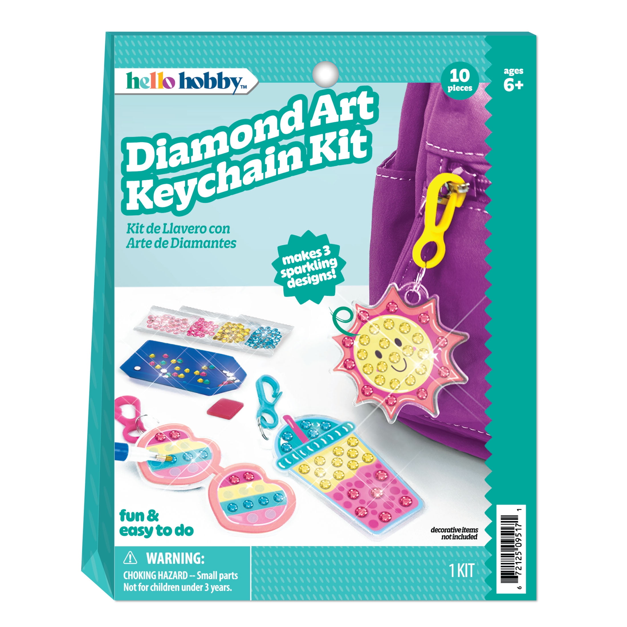Hello Hobby Diamond Art Keychain Craft Kit, DIY Gem Painting Activity Set (3 Piece Keychain Set) e3ayr