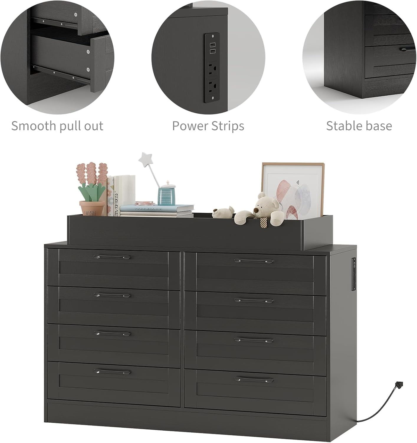 Towallmark Baby Changing Dresser with 8 Drawers, Nursery Storage Organizer with Safety Rail and Open Shelf (Black) 9bsiv