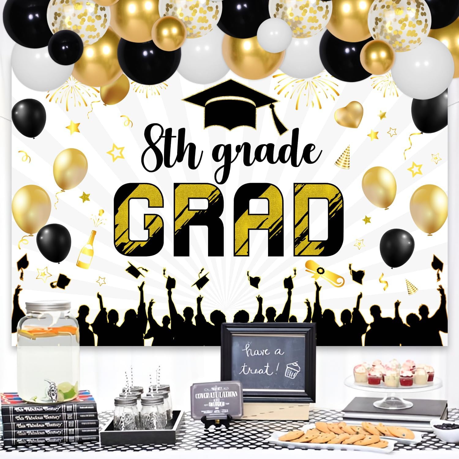 Kreat4joy 8th Grade Graduation Party Decorations 2026 Black and Gold Backdrop Balloon Garland Arch Kit (79 Pieces) oppvl