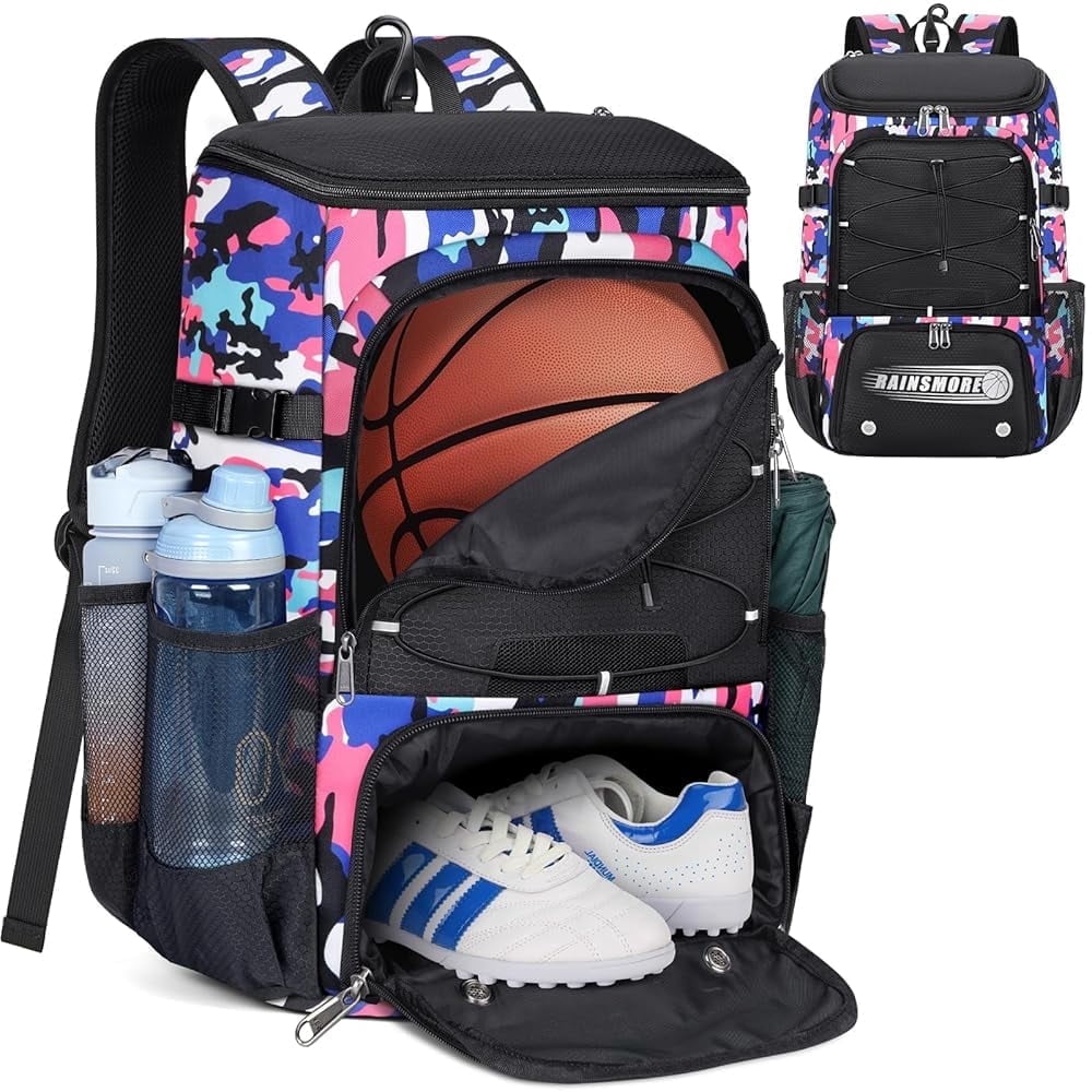 Rainsmore Basketball Backpack with Separate Ball Holder and Shoe Compartment (Pink, 14.2 in x 9.8 in x 20.9 in) 247oo