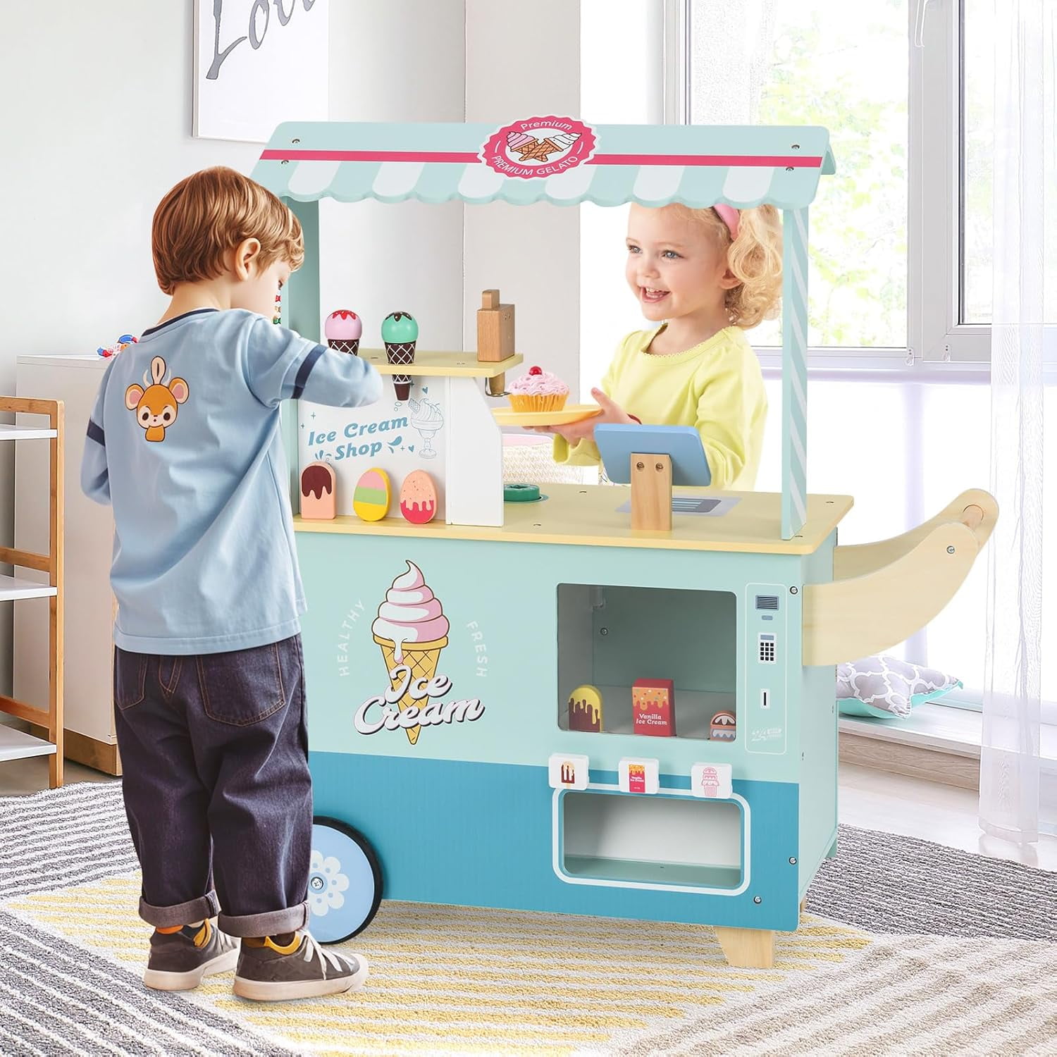 Olakids Wooden Grocery Store Marketplace Toy, Pretend Play Market Stand with Cash Register and 30 Accessories (Green, 35 in x 24 in x 45 in) f68wx