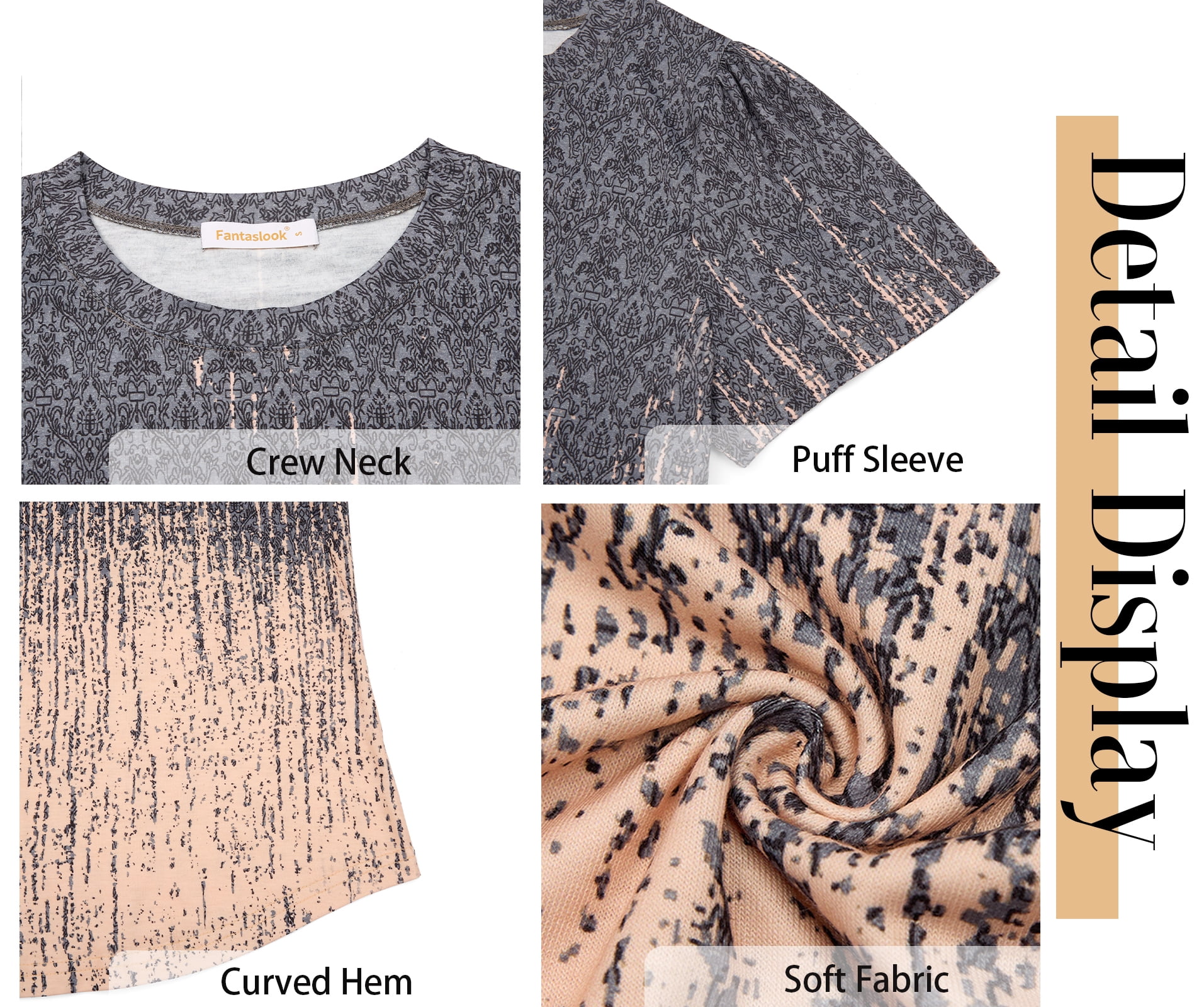 Fantaslook Womens Floral Tunic Top Crew Neck Short Sleeve Dressy Casual Blouse (Grey, L) 555be