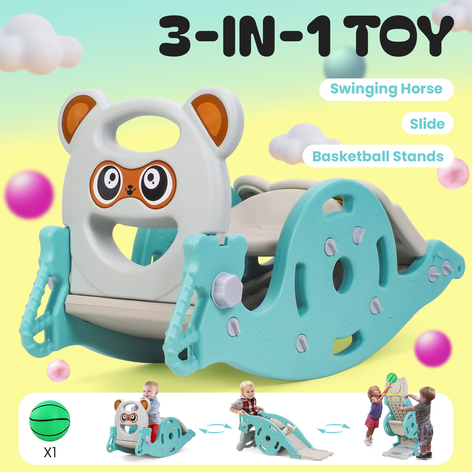Anvazise 4-in-1 Kids Activity Center, Convertible Rocking Horse and Slide with Basketball Hoop (Green) oetqu