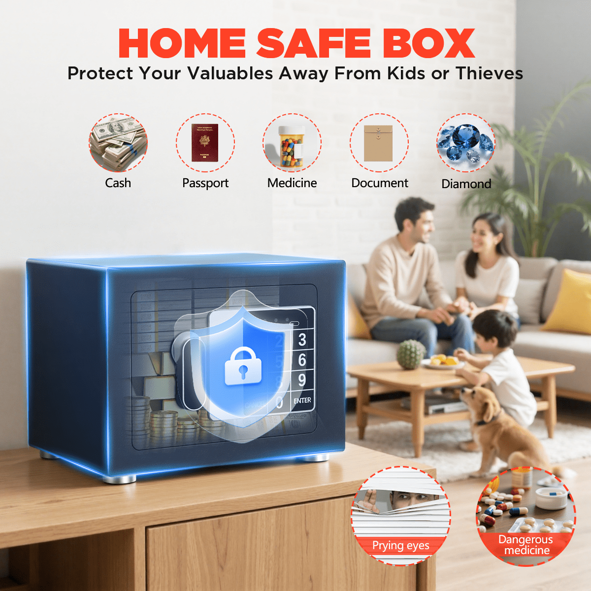 BESAFETY Digital Security Safe Box for Home Office, Heavy-Duty Steel Lock Box with Keypad and Sensor Light (Black, 0.25 cu ft) 0locn