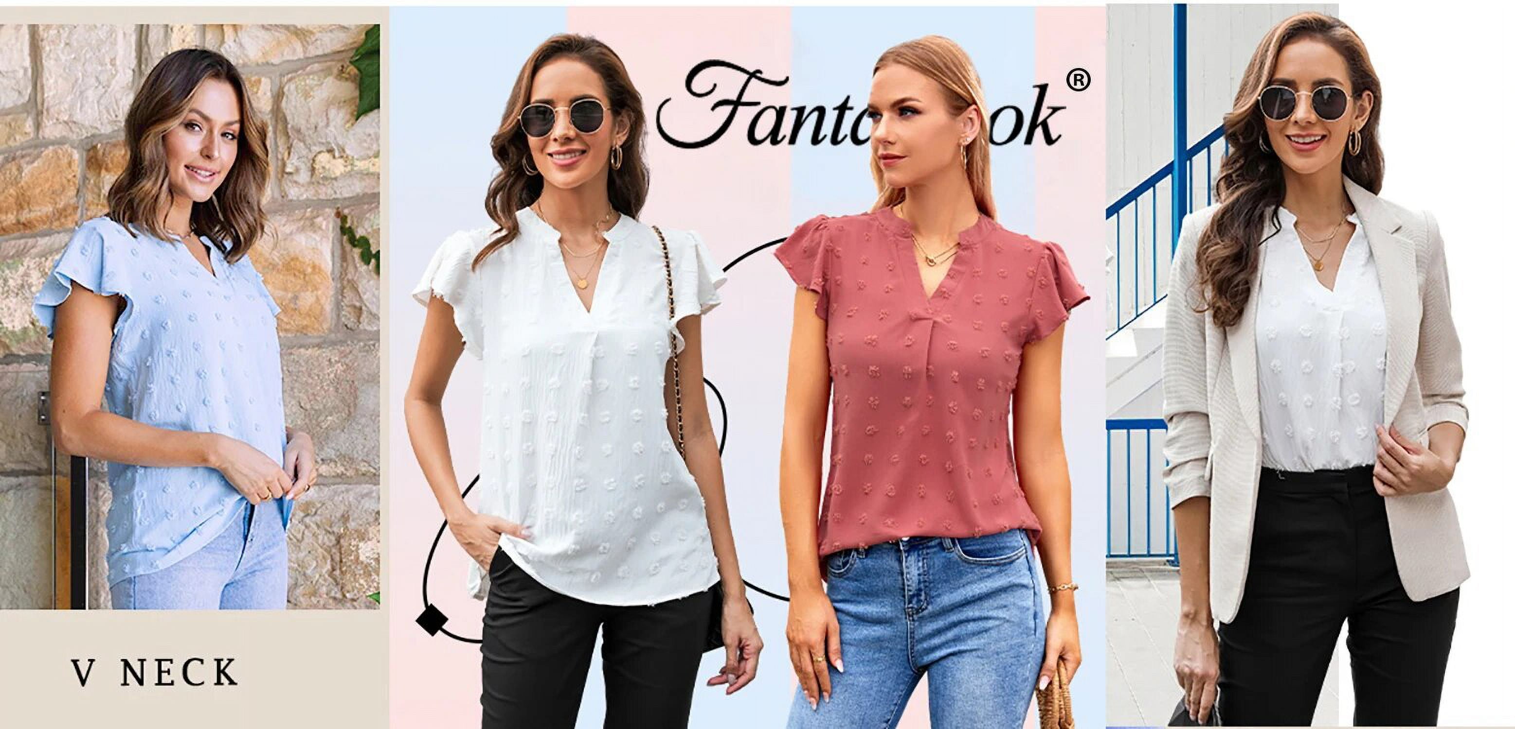 Fantaslook Women's Dressy V-Neck Ruffle Sleeve Blouse Casual Flowy Summer Top (White, L) 6oyn4