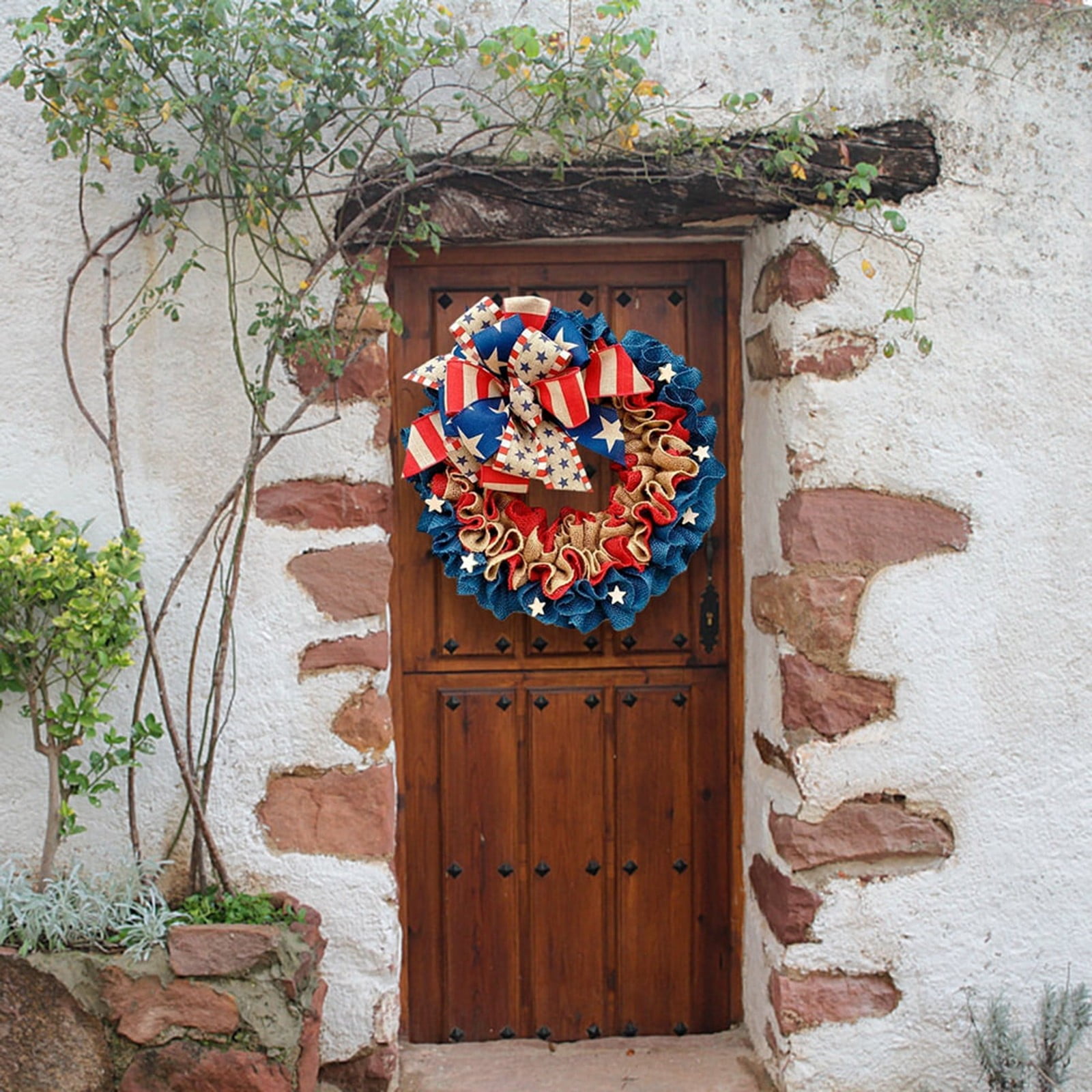 IUAMXWU Patriotic Burlap Wreath, American Flag Bow Ruffled Decor for Front Door (Red, 16 in) p3bnx