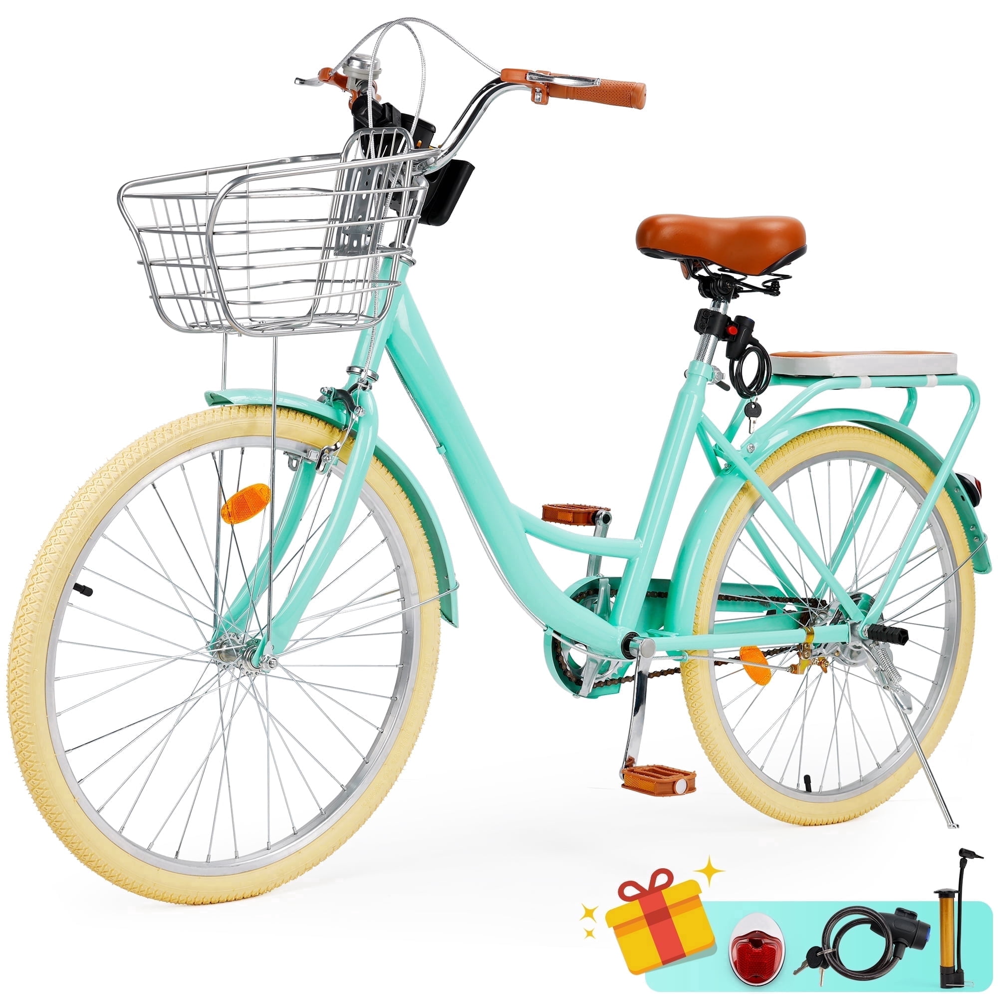 Bruce & Shark Commuter Bicycle for Adults, City Bike with Rear Rack and Basket (Green, 24 in) zn9bg
