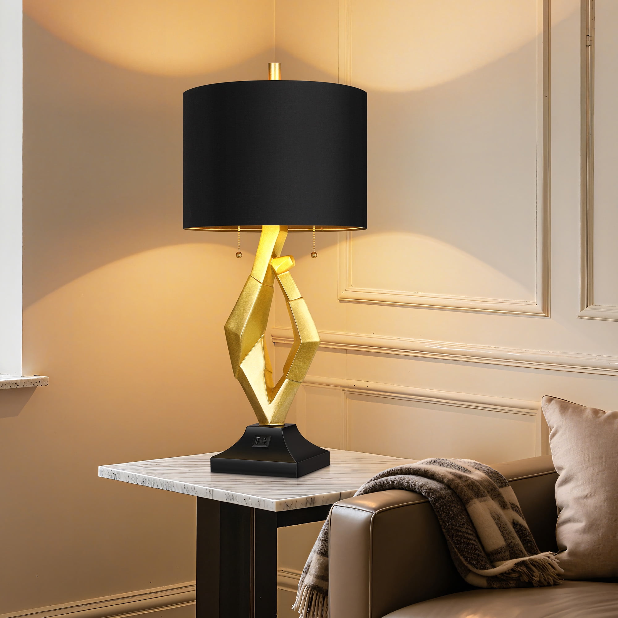SparkGlowy Contemporary Resin Table Lamps with USB Charging Ports and Black Shades (Gold, 25.5 in) jw9tf