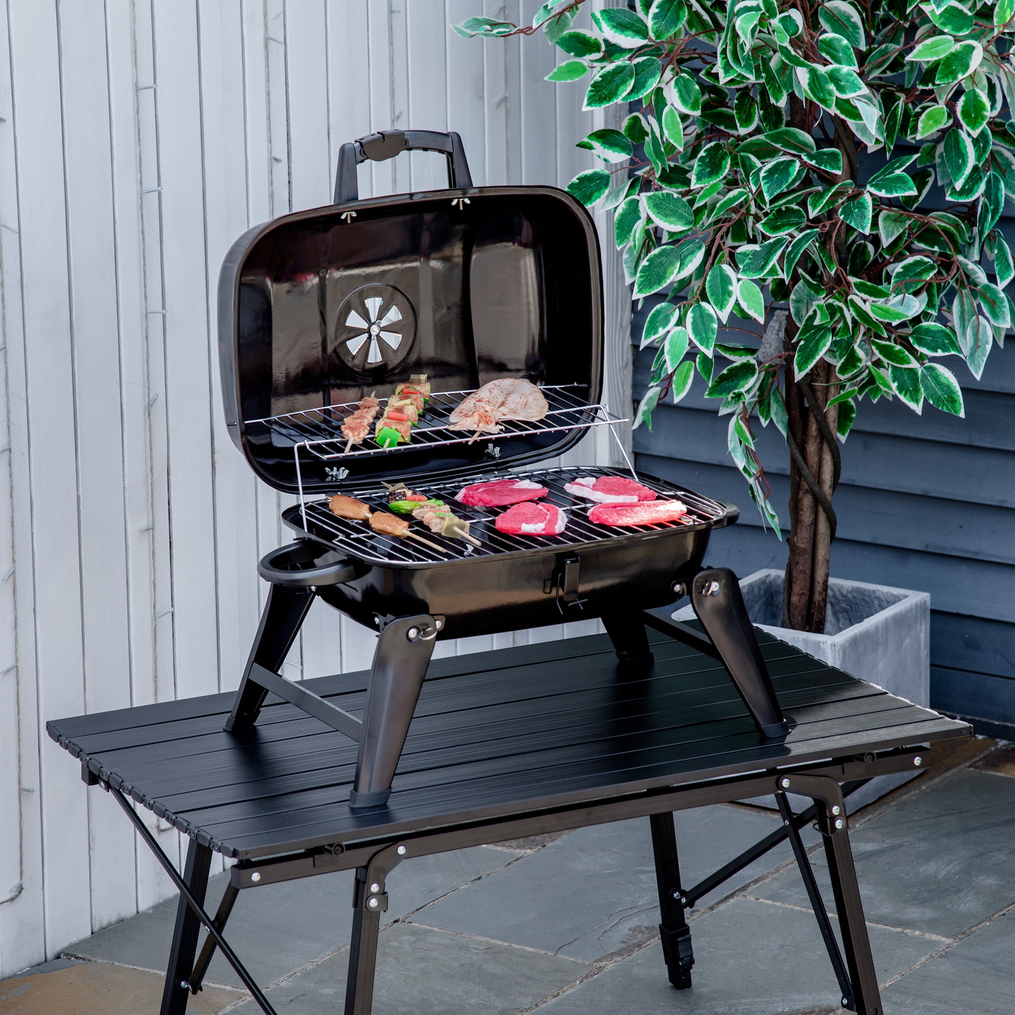 Outsunny Portable Charcoal Grill, Outdoor BBQ Cooking Stove with Folding Legs and Vent (Black, 23.25 in x 17 in x 14.25 in) tvf3d