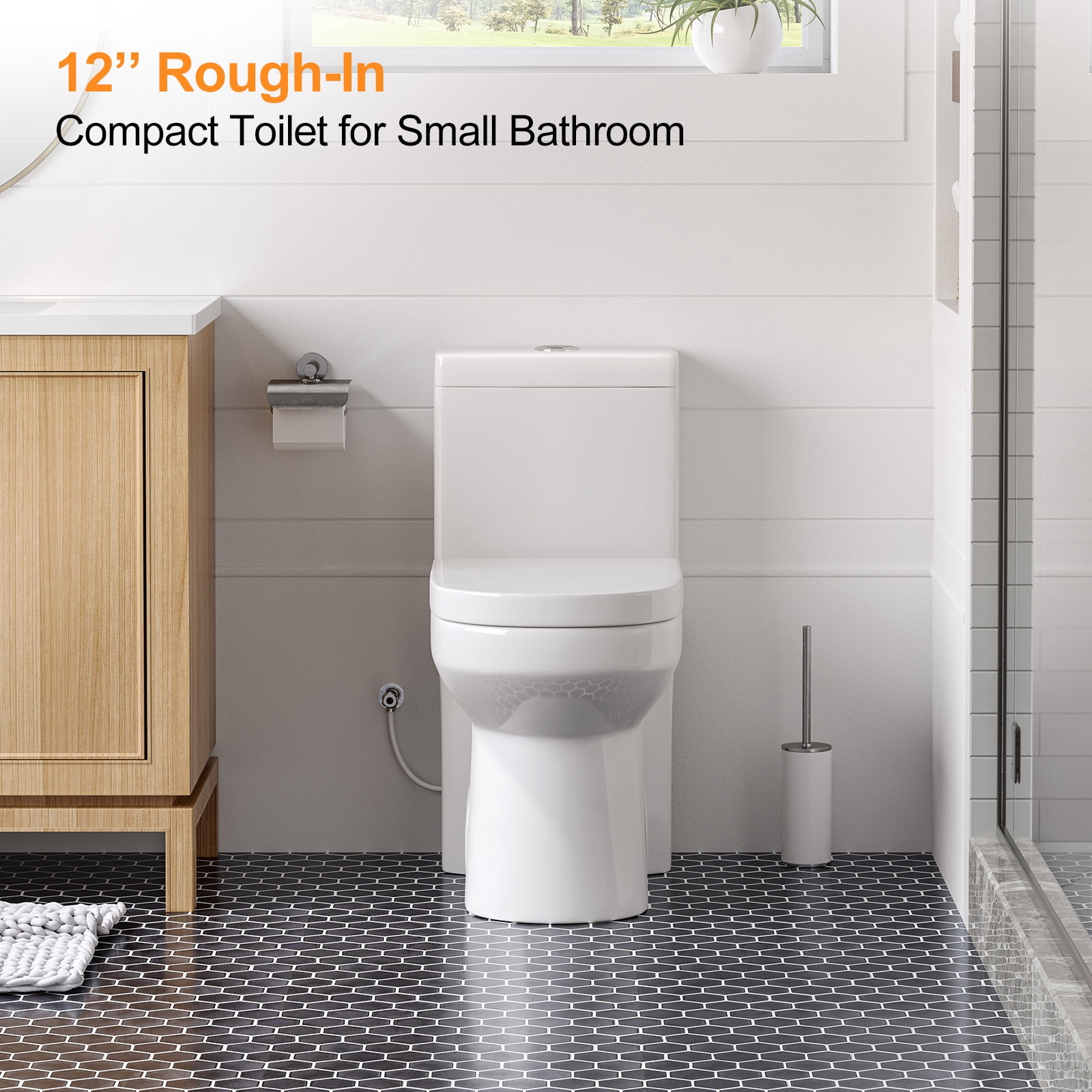 HOROW Compact One-Piece Elongated Toilet, Dual Flush Water-Saving Bathroom Commode (White, 12 in Rough-in) v7ila