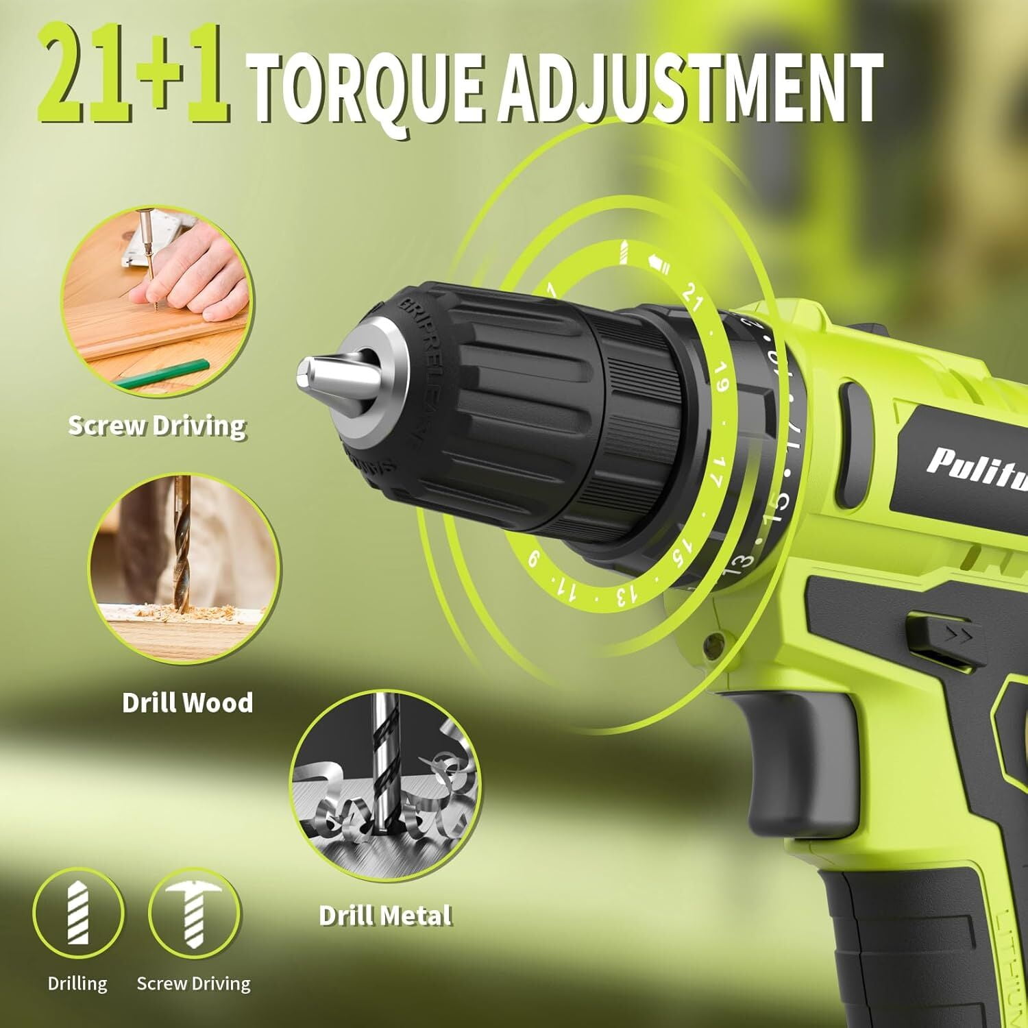 Pulituo 20V Cordless Drill Driver Kit, All-Purpose Home Repair Tool Set with 119 Pieces (Green, 119-Piece Set) gevl8