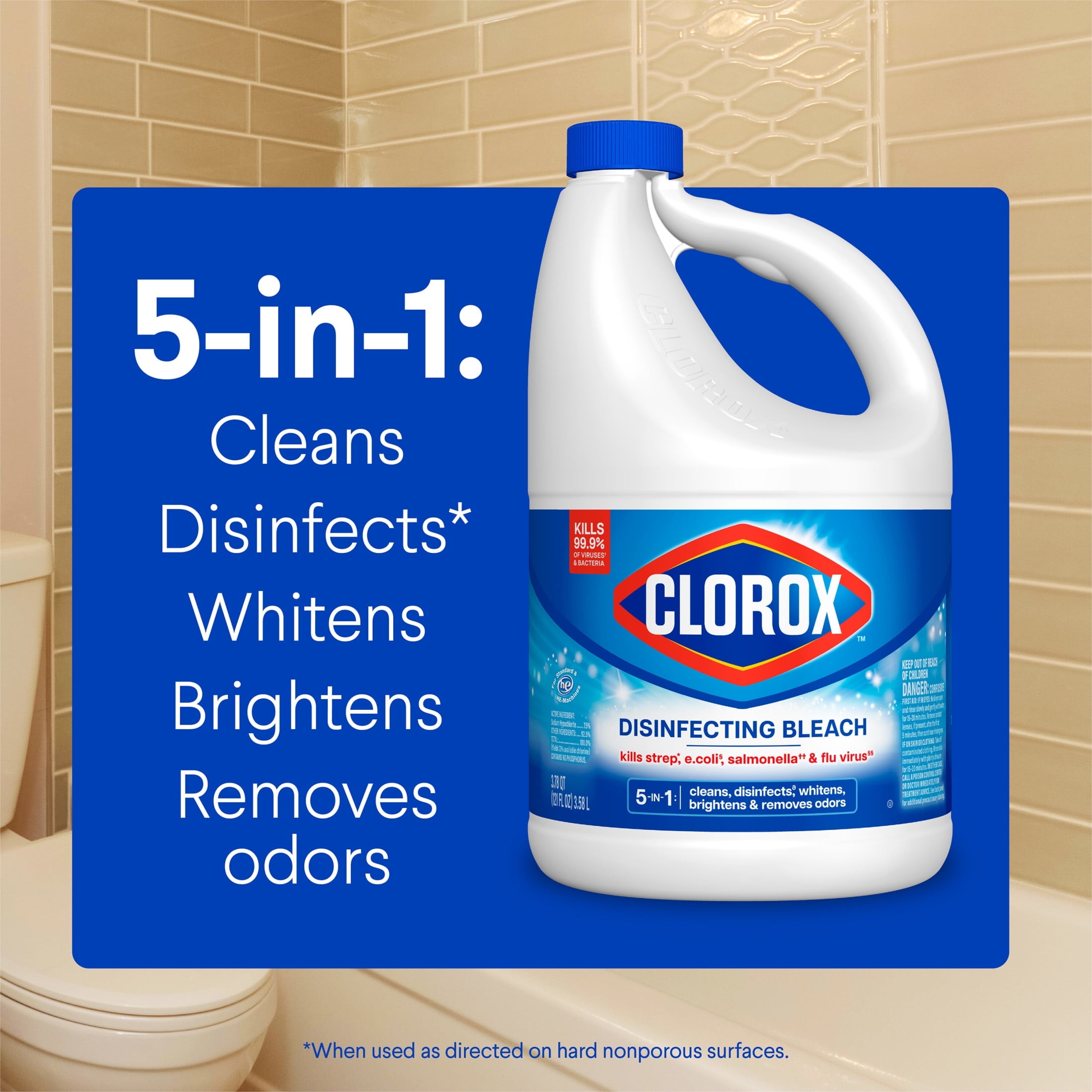 Clorox Disinfecting Liquid Bleach, Regular Scent, Multi-Purpose Surface Cleaner and Laundry Whitener (121 fl oz) fkqes