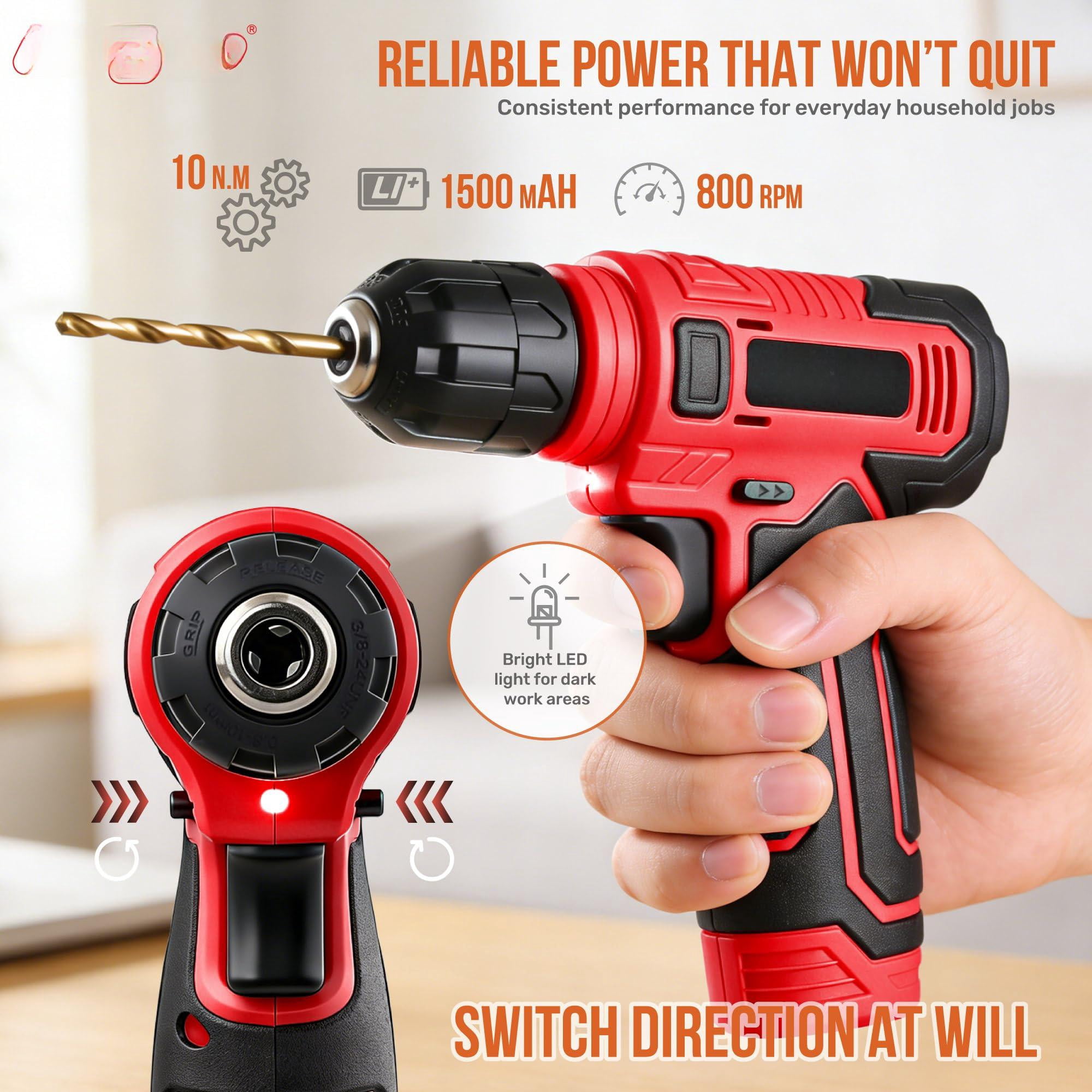 Generic 8V Cordless Drill Set and Starter Tool Kit (Red, Compact) cq8vw