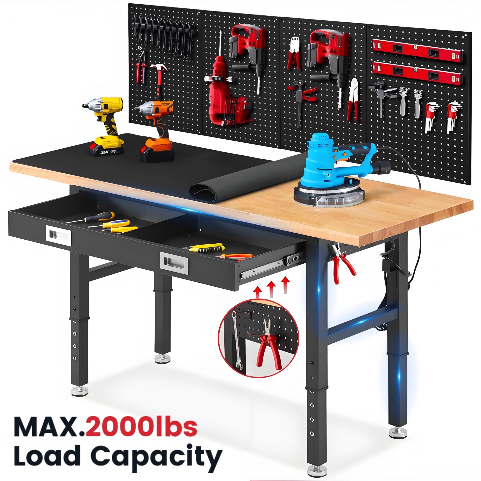 ENJOYWOOD Heavy Duty Garage Workbench with Pegboard and Drawers (Brown, 60 in) a6cz5