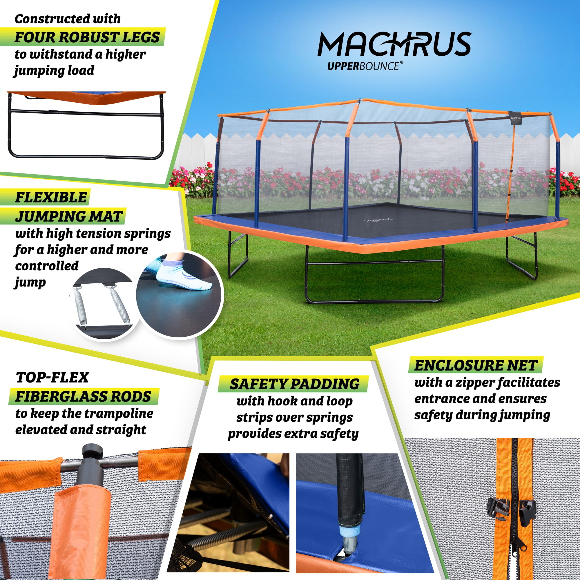 Upper Bounce 16 x 16 ft Square Trampoline Set with Safety Enclosure and Pad (Orange/Blue, 16 x 16 ft) bjn67