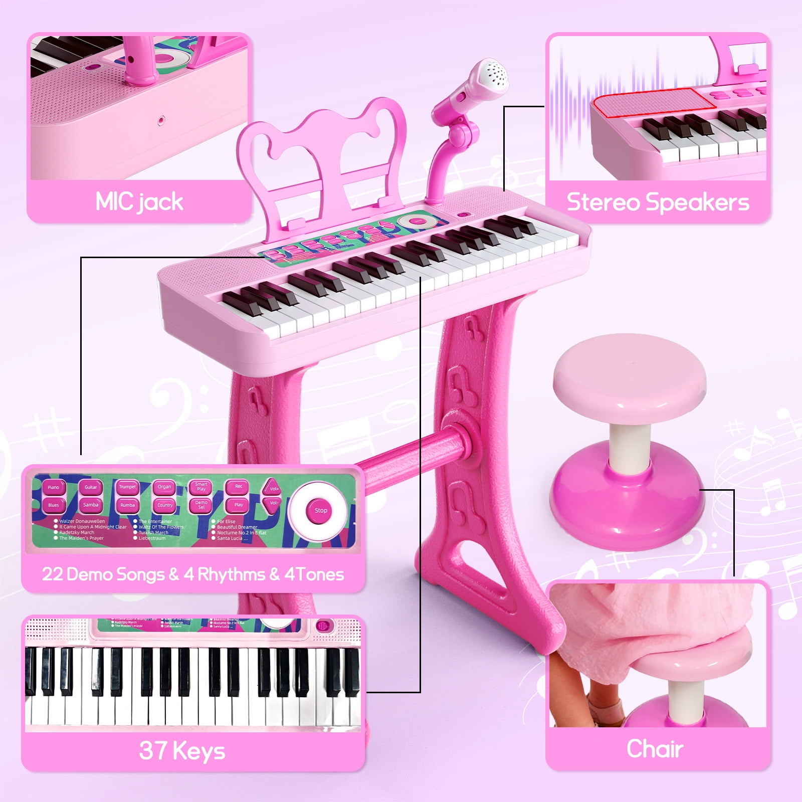 WLBES 37-Key Electronic Keyboard Piano Set with Stand and Stool (Pink, 1 Set) blafm