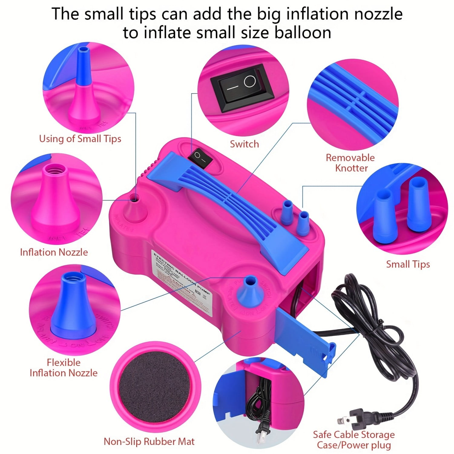 Jous Electric Balloon Pump Dual Nozzle Inflator with Tying Tools for Party Decorations (Red, 1 Unit) 84por