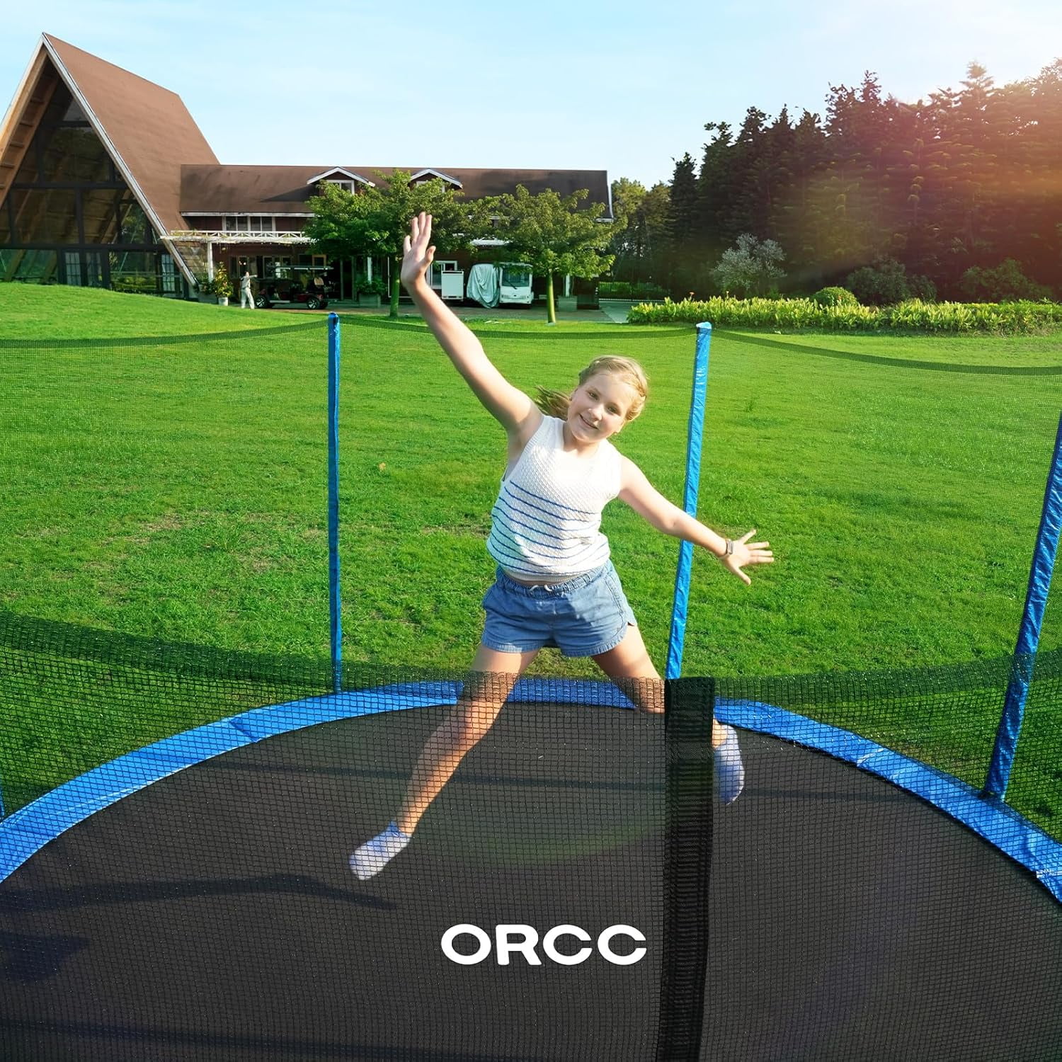 Zupapa Outdoor Backyard Trampoline with Safety Enclosure Net and Ladder (Blue, 14 ft) rnk8d