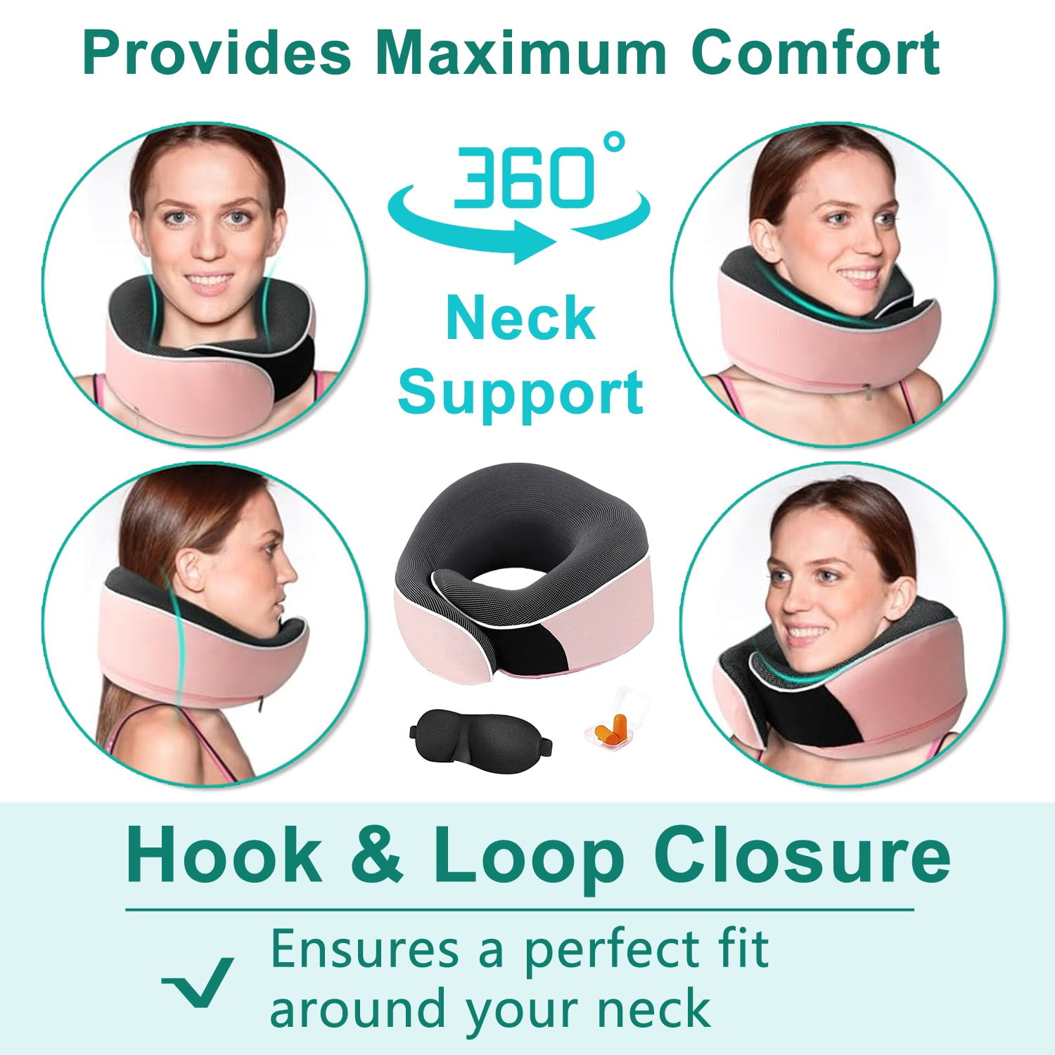 Merryhome Memory Foam Travel Neck Pillow, Ergonomic 360-Degree Support with Eye Mask and Earplugs (Pink, 0.7 lb) 5ih4y