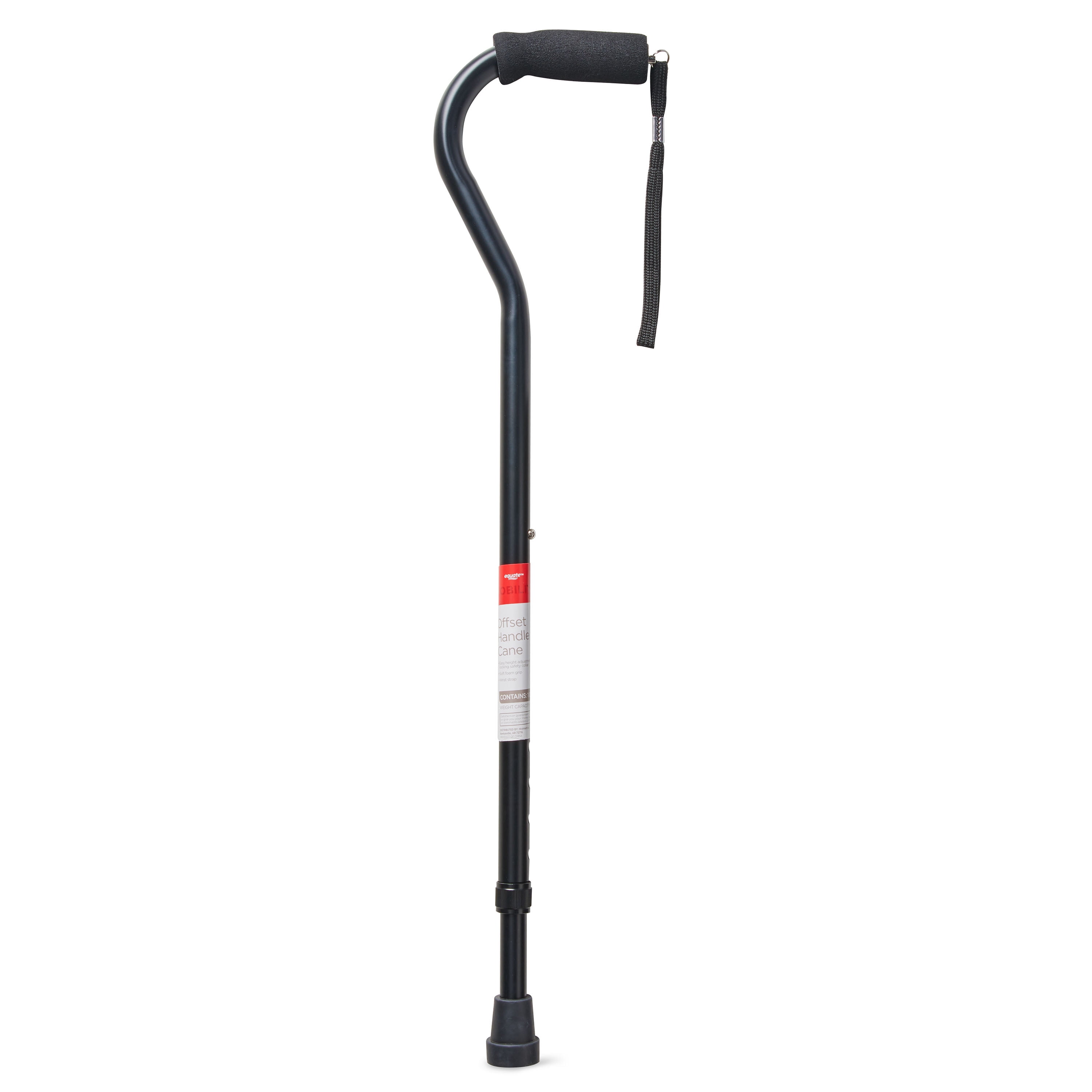 Equate Mobility Aluminum Offset Handle Cane with Foam Grip and Wrist Strap (Black, 29 in to 38 in) pjqrs