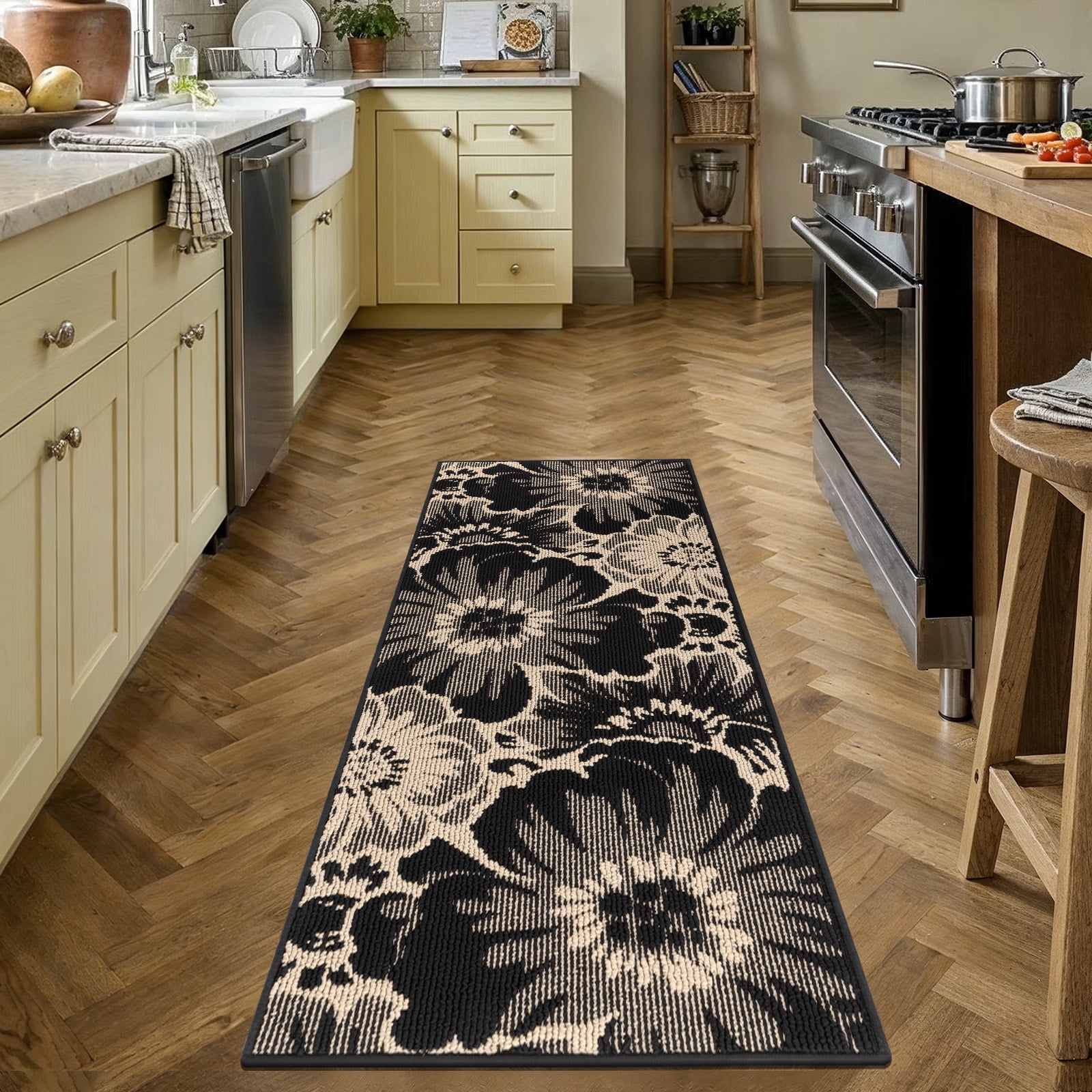 Findosom Non-slip Runner Rug for Hallway, Machine Washable Low Pile Floor Mat with Rubber Backing (Black, 24 in x 60 in) de0b1