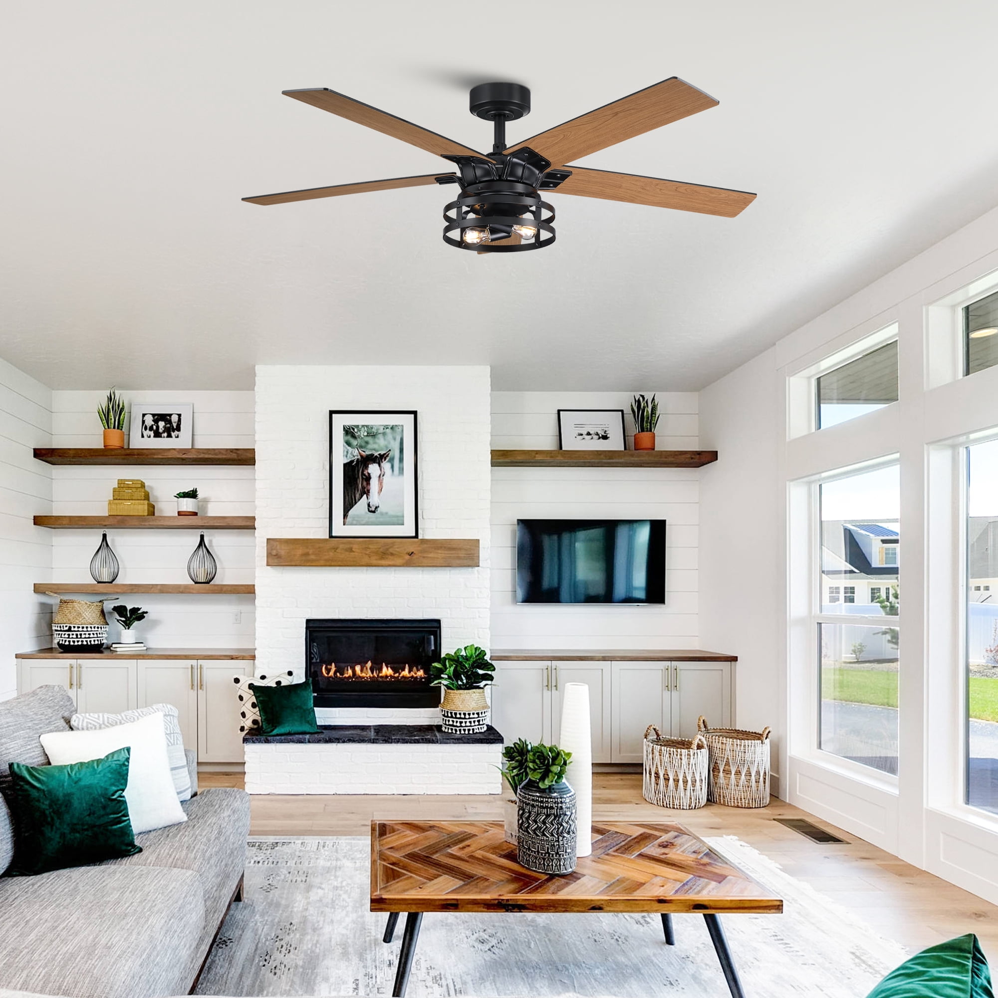Parrot Uncle 52 in Farmhouse Caged Ceiling Fan with Remote and Light Kit (Black and Cherry, 52 in) lfe88