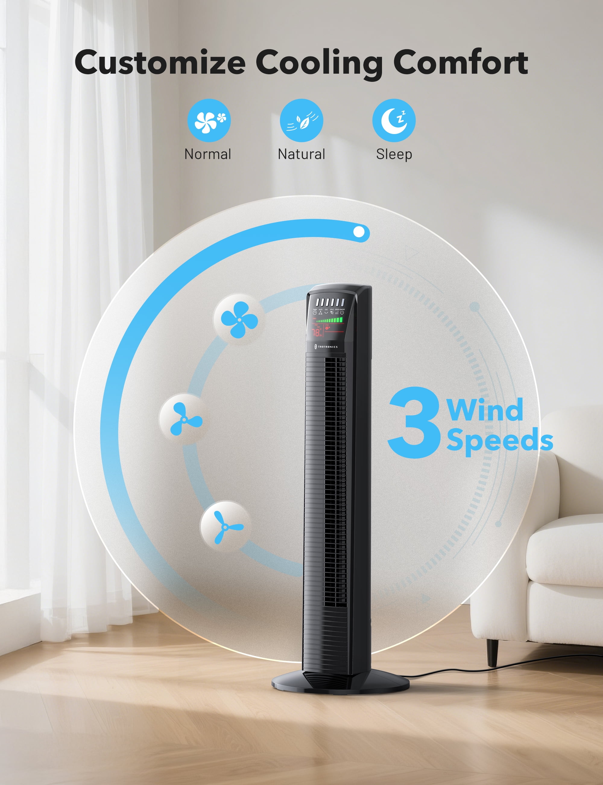 TaoTronics Tower Fan, 36 in Standing Floor Fan with Remote, 70-Degree Oscillation, 3 Speeds, Quiet Cooling for Home (Black, 36 in) uibdu