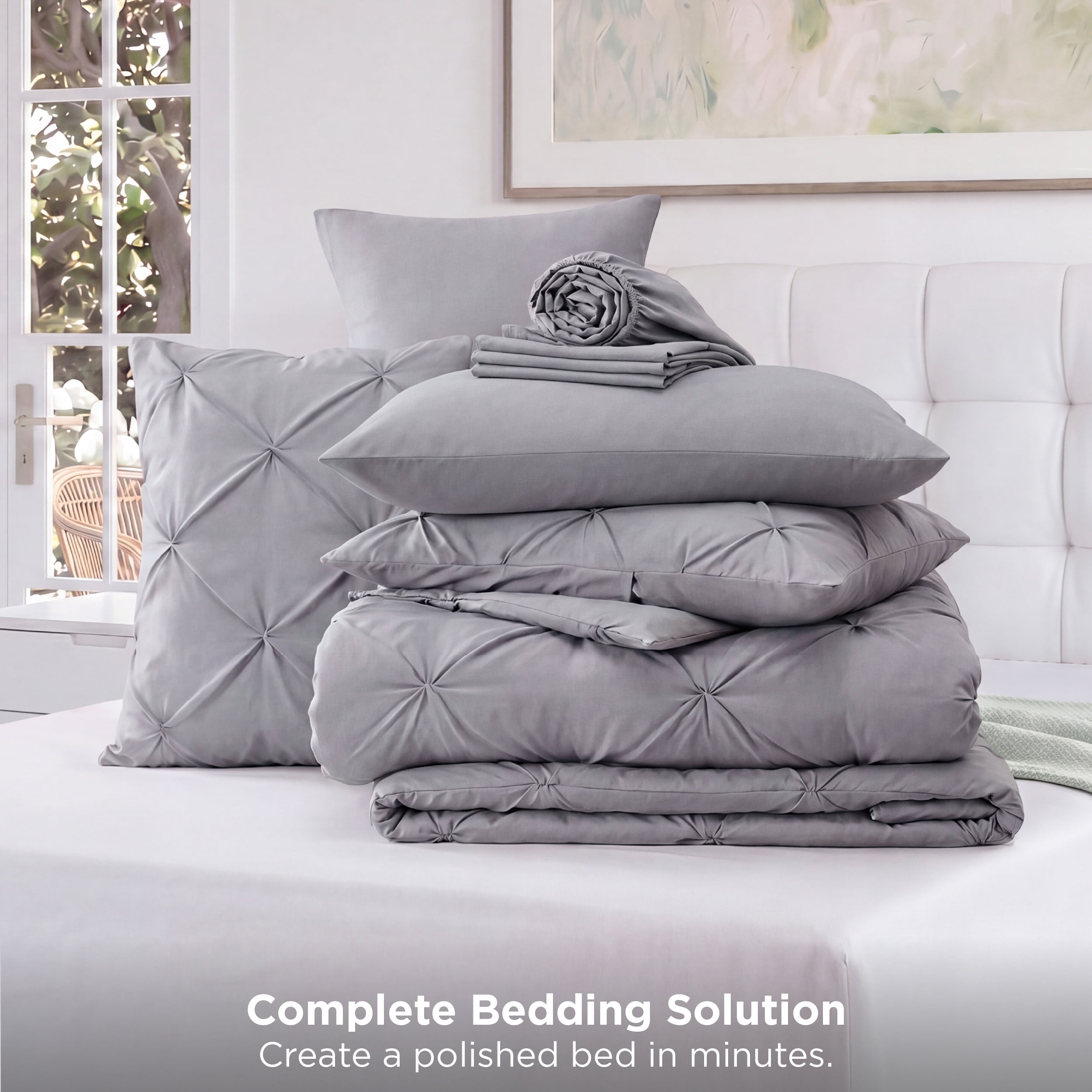 U by Bedsure Queen Comforter Set (Grey, 7-Piece Pinch Pleat All-Season Bedding) f1ptv