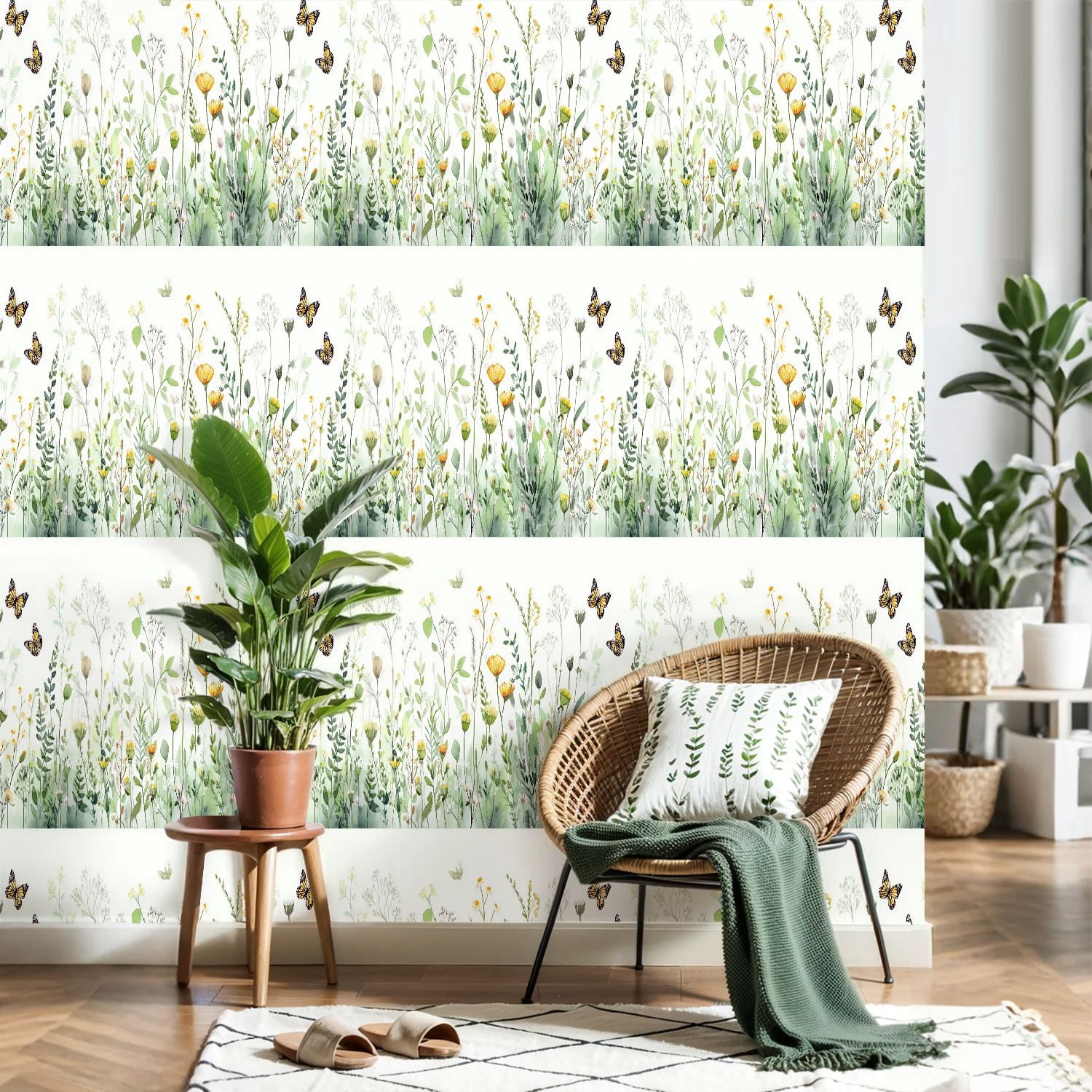 VETEB Peel and Stick Wallpaper Floral Abstract Yellow Flowers and Green Leaves (Yellow, 24 in x 118 in) kqroo
