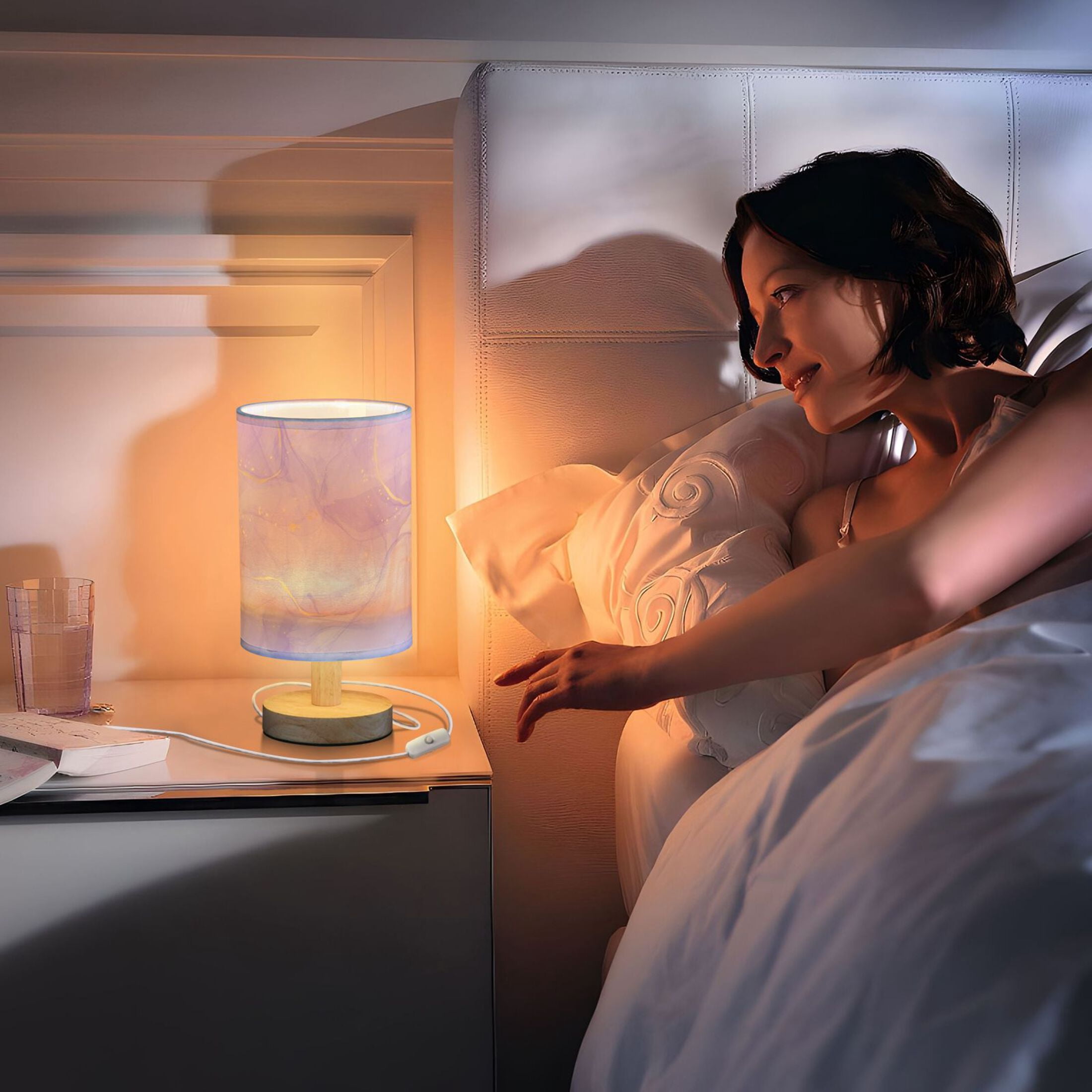 yggo Retro Cylinder Bedside Table Lamp with USB Charging Port and Linen Shade (Purple Lavender, 5.1 in x 9.7 in) 1zxep