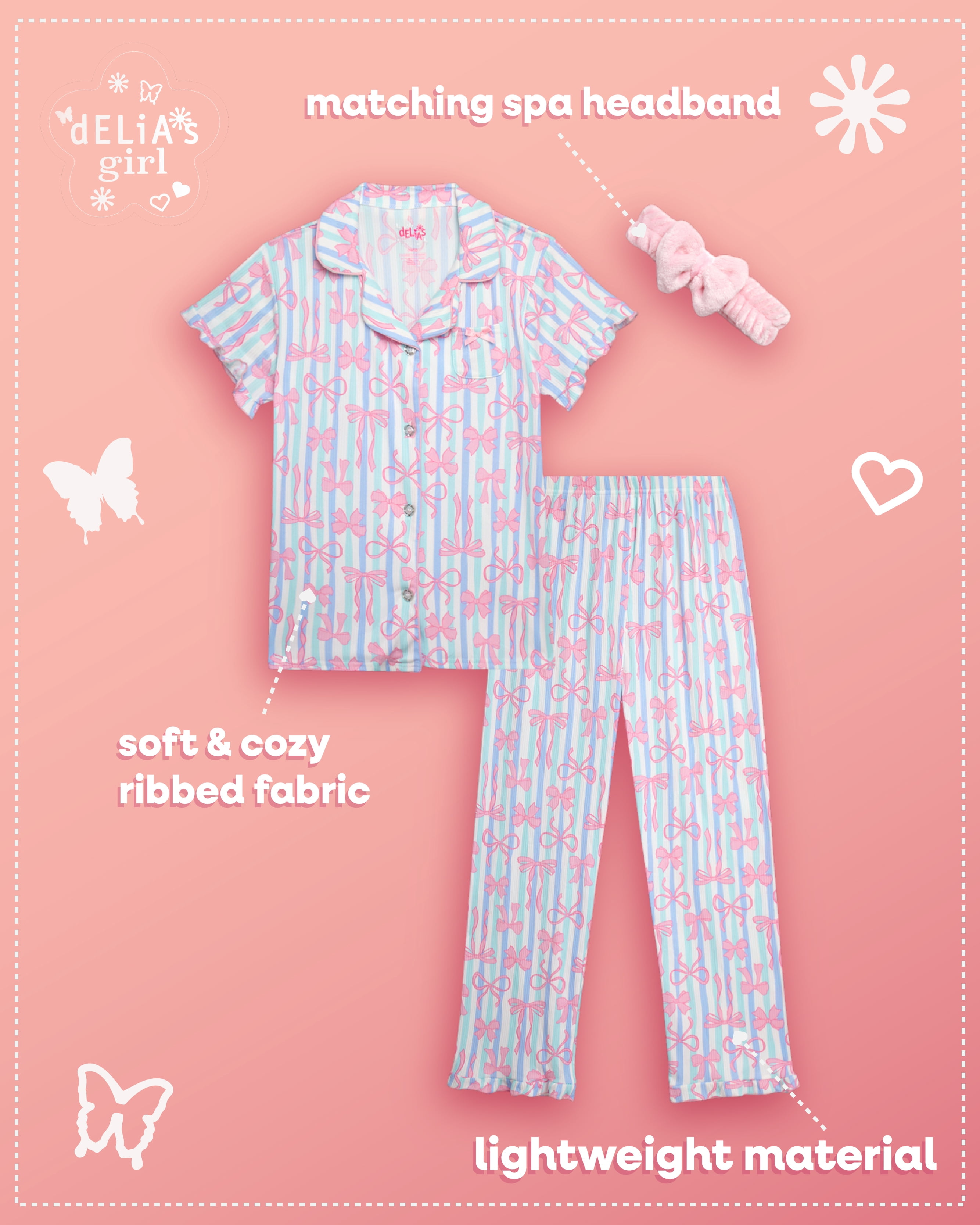 dELiA*s Girls Pajama Set Soft Cozy Button Down Sleepwear with Spa Headband (Pink, 2 Piece) wor9n