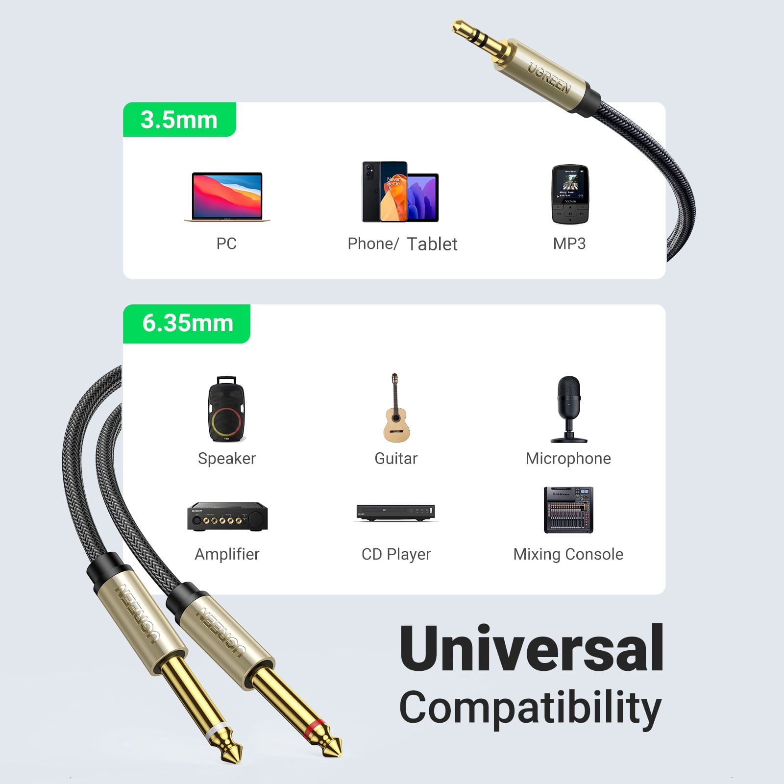UGREEN 3.5mm to Dual 1/4 inch TS Audio Y Splitter Cable (Black, 10 ft) 0qh04