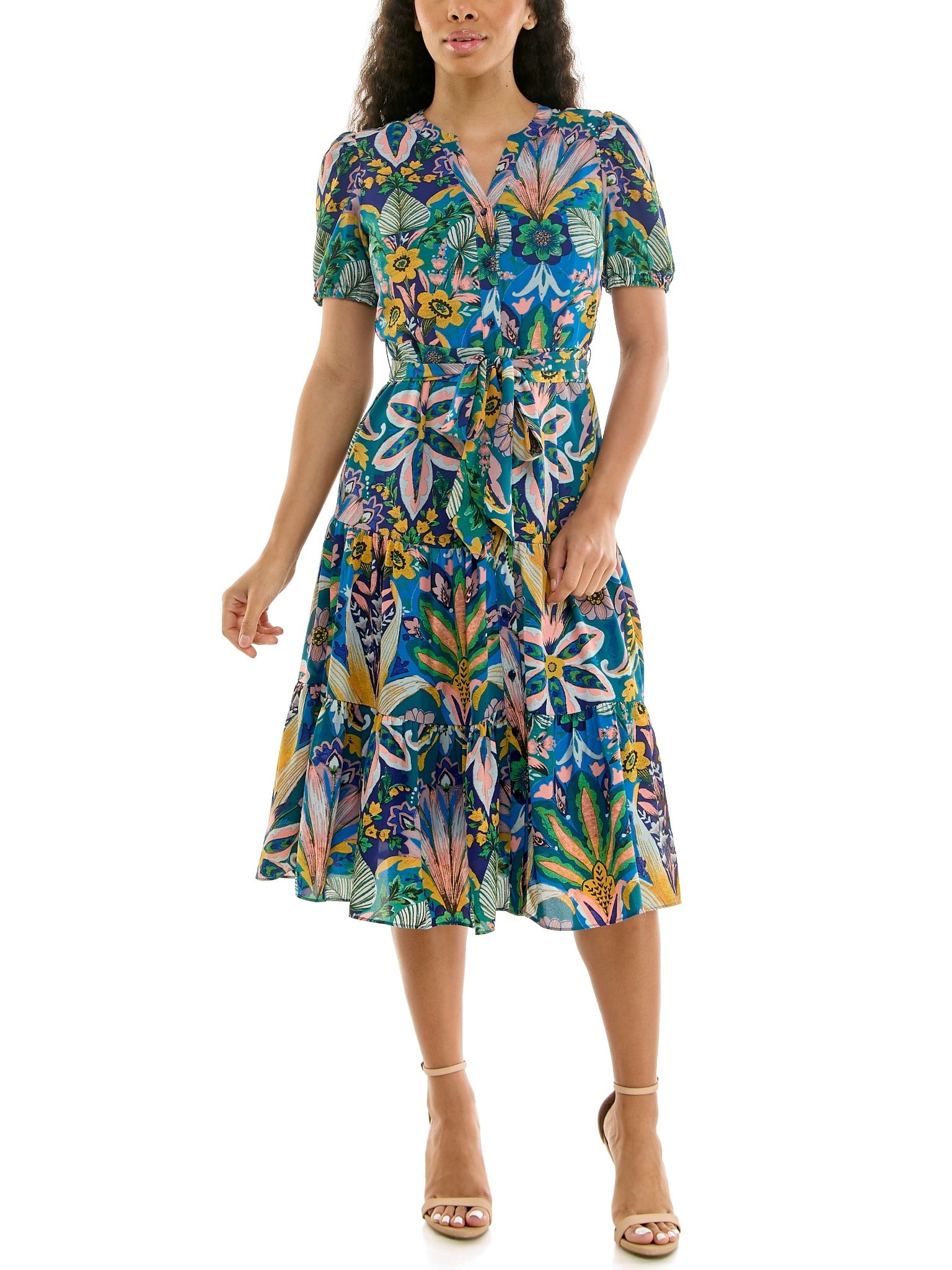 Nanette Lepore Womens Tie Waist Shirtdress Elegant Tiered Hem (Blue, L) 2f0lk